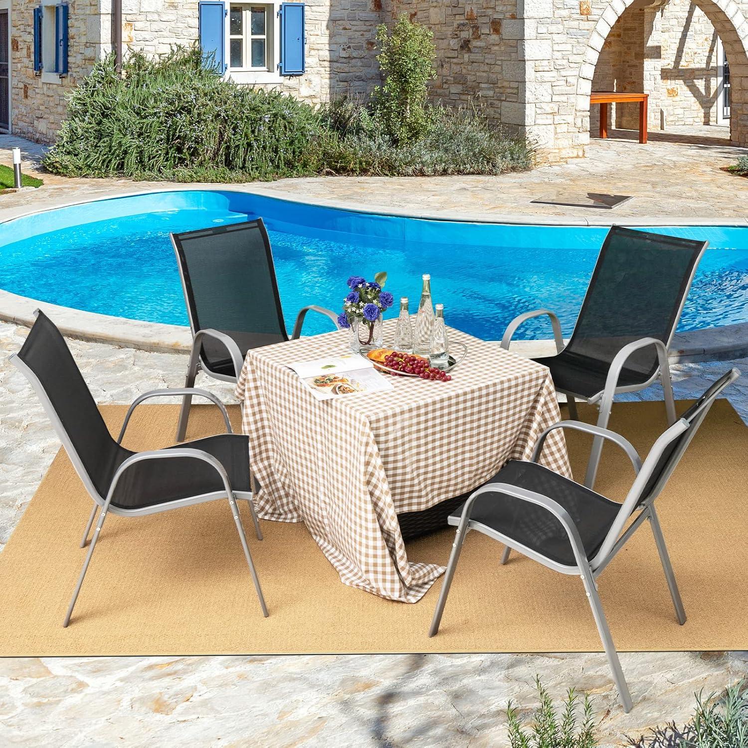 Canddidliike 4 Pieces Stackable Patio Dining Chairs Set with Armrest, Weather Resistant Table and Chairs for Garden Outside, Black