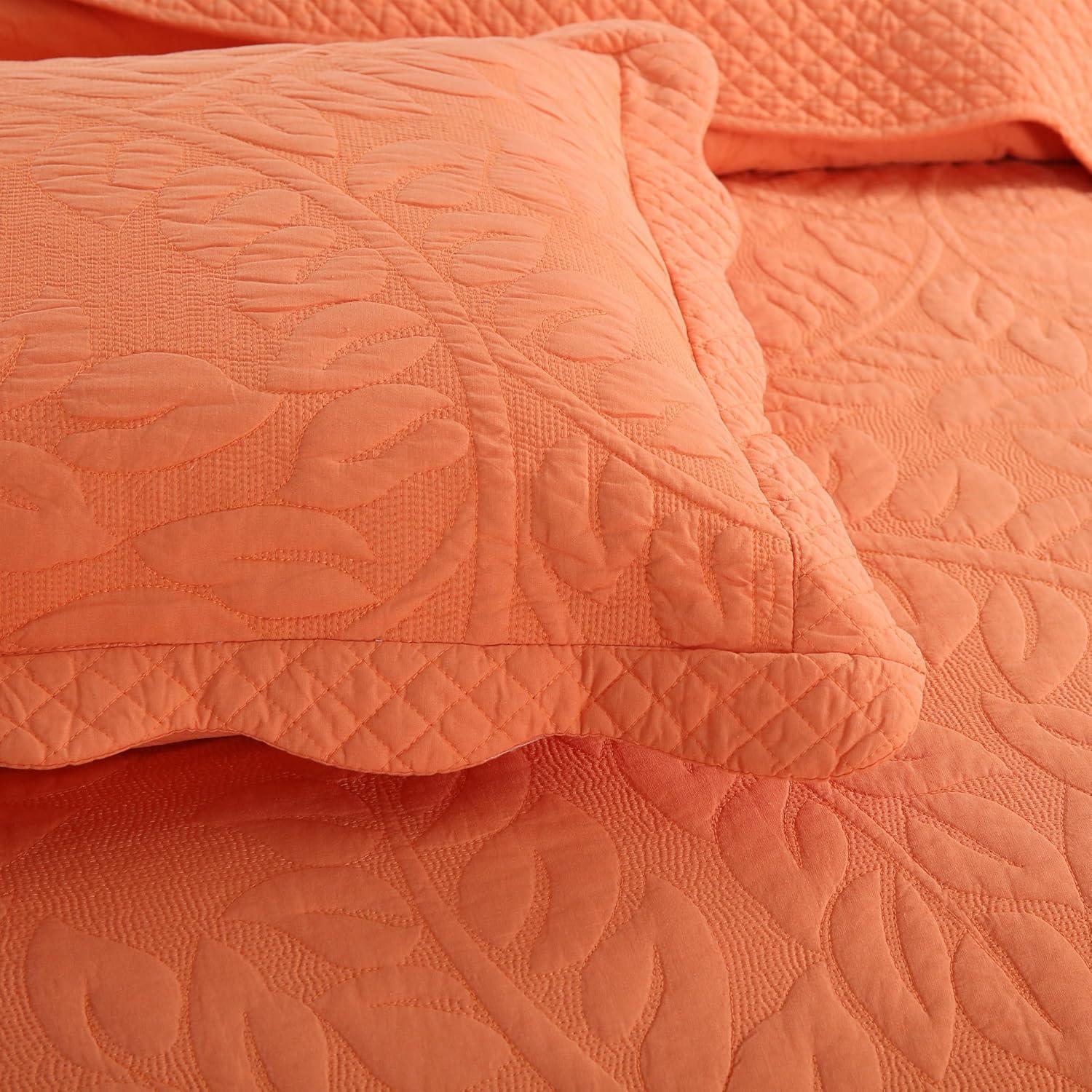 Salmon Cotton Embroidered Queen Size Quilt Bedspread Set