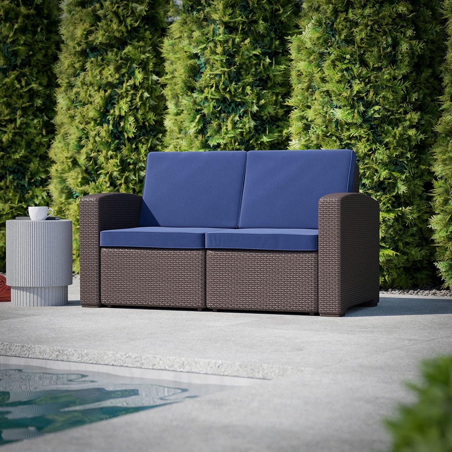 Flash Furniture Seneca Faux Rattan Loveseat with All-Weather Cushions