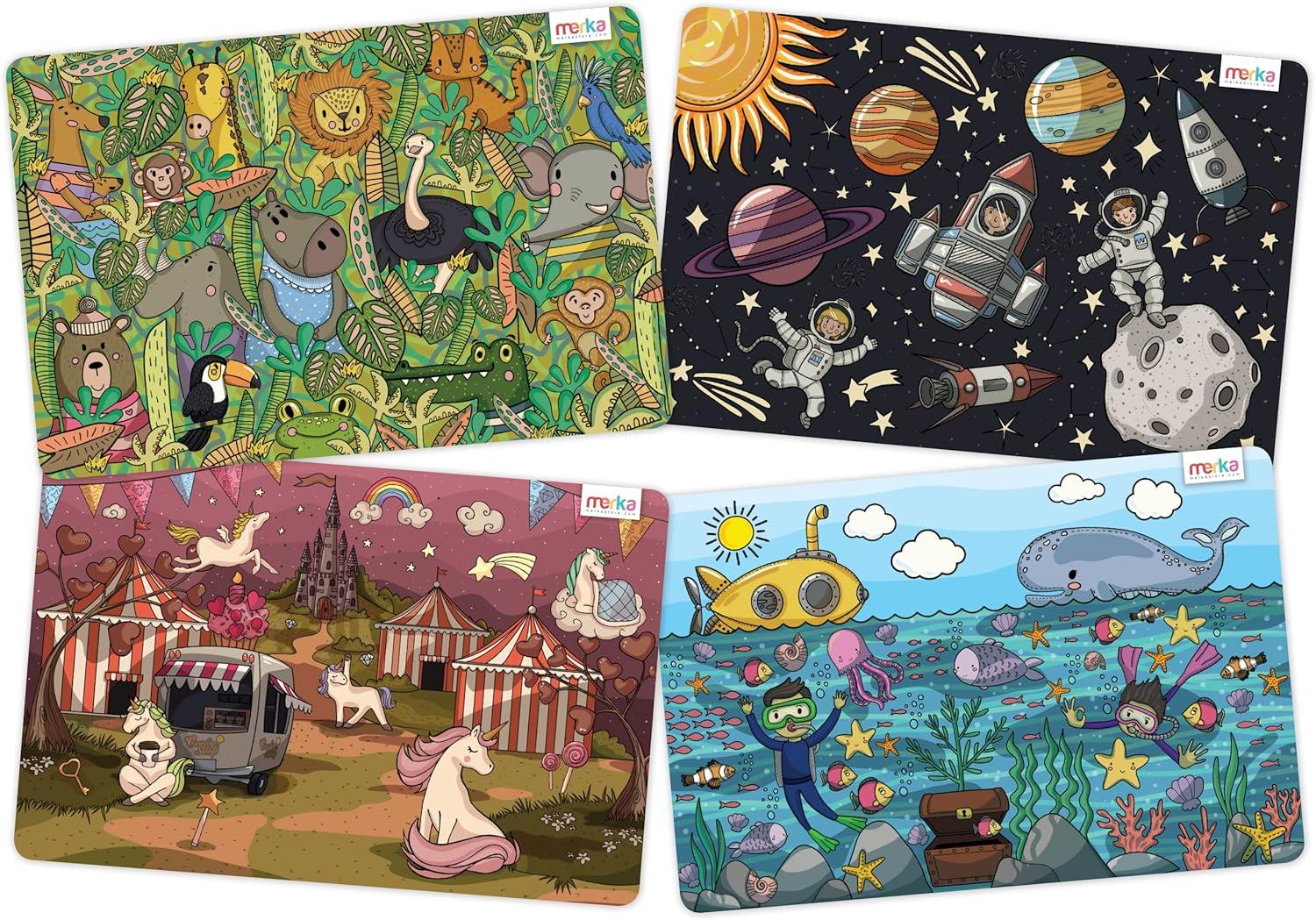 merka Kids Wipeable Plastic Placemats for Dining Table - Ocean, Space, Jungle, Unicorns for Ages 2 and Up, Set of 4