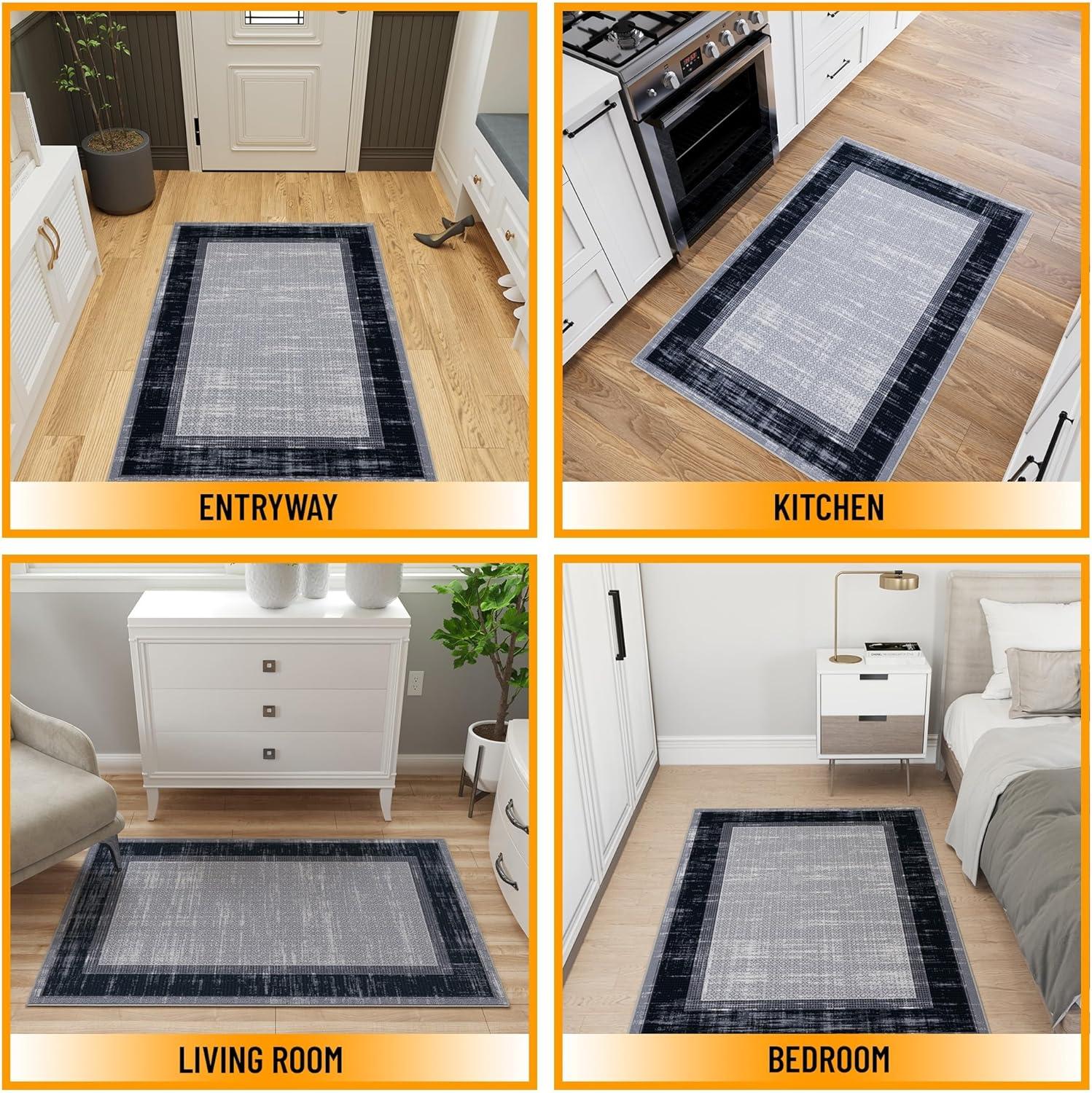 Non-Slip Bordered Area Rug For Living Room, Hallway Runner, Entryway Rug
