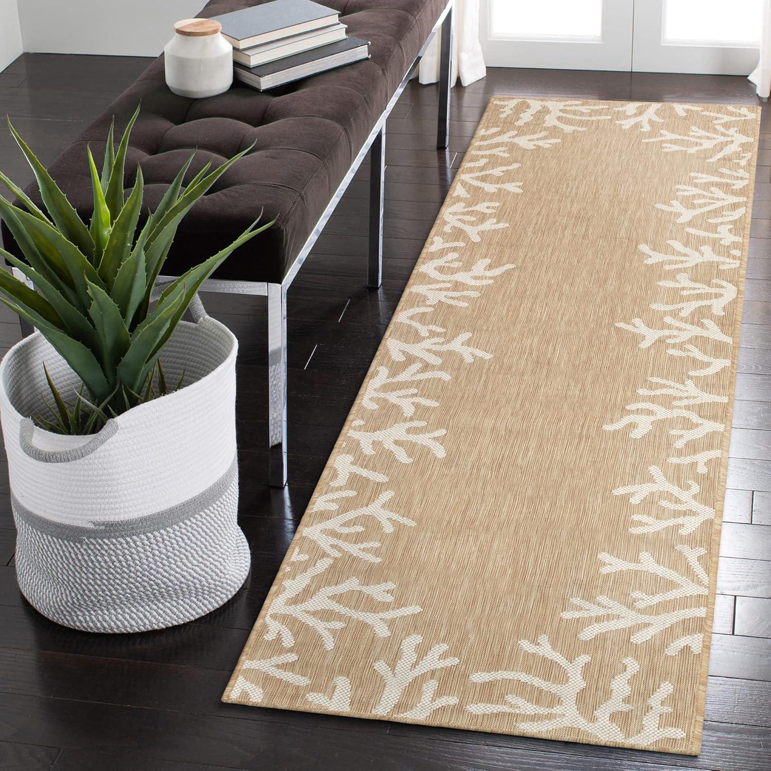 Liora Manne Carmel Indoor/Outdoor Power Loomed Synthetic Blend Low Profile Area Rug - Transitional Border Coastal Ocean Decorative (Coral Border Sand) (1'11" x 7'6")