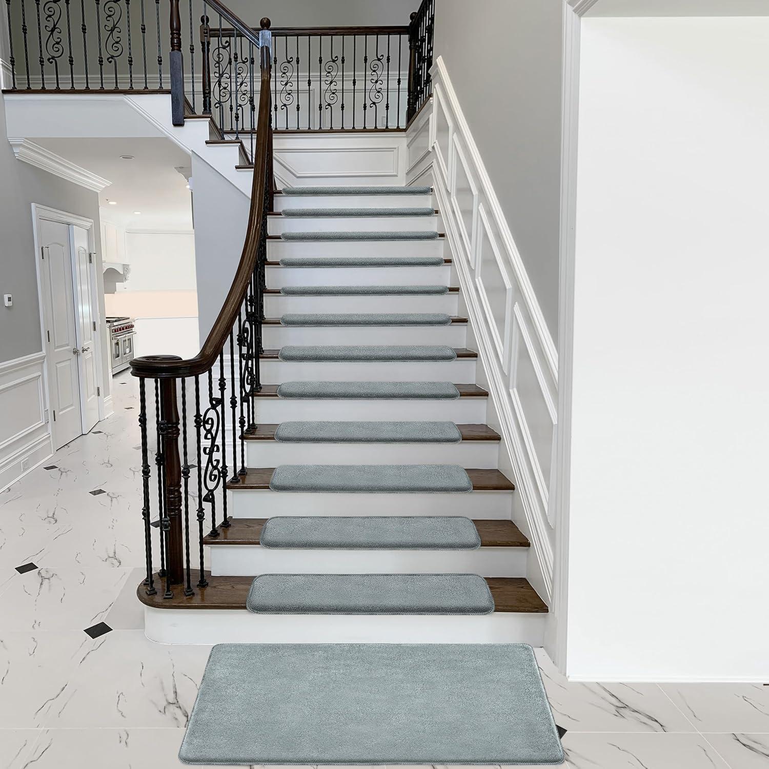 PURE ERA Bullnose Soft Plush Carpet Stair Treads Wooden Steps Rugs Self Adhesive Non-slip 9.5" x 30"x1.2" (Set of 7, Gray)