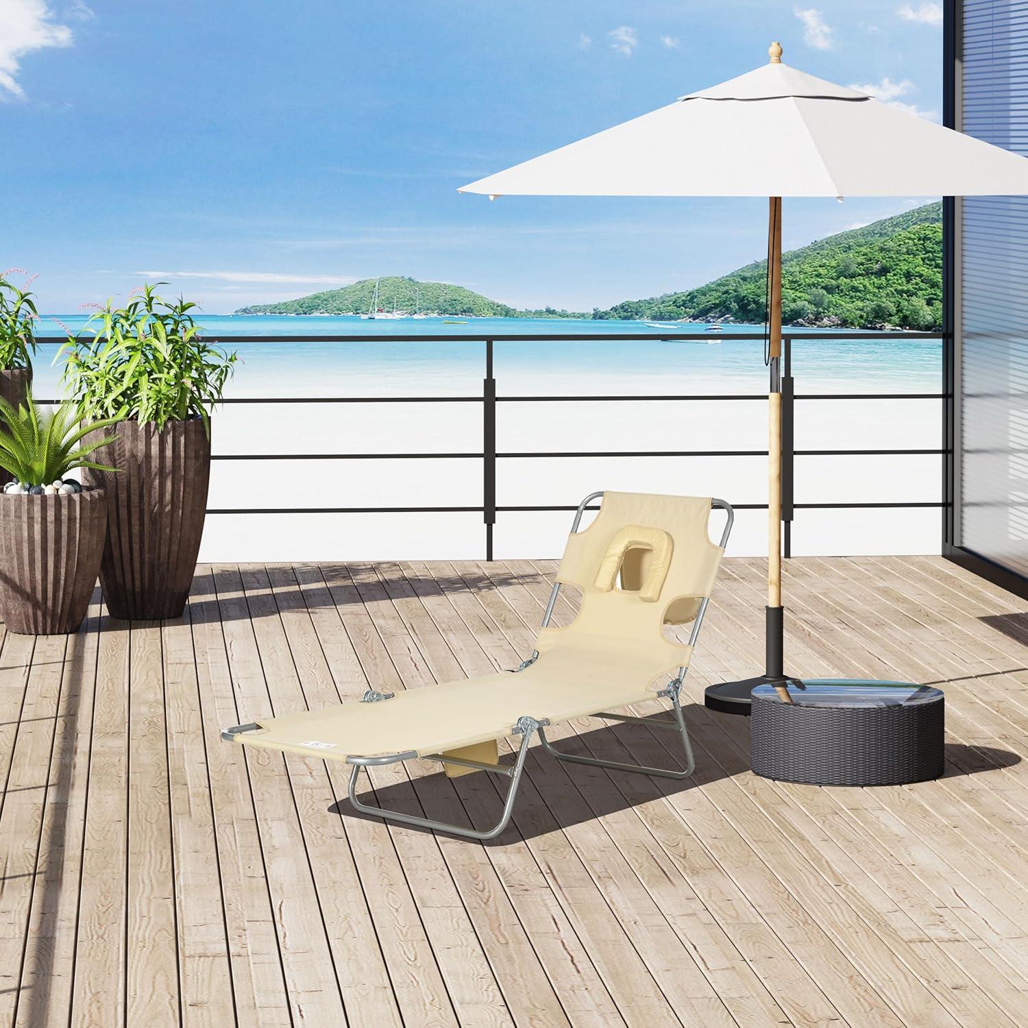 Outsunny Folding Beach Lounge Chair with Face Hole and Arm Slots, 5-Level Adjustable Sun Lounger Tanning Chair with Pillow for Patio, Garden, Beach, Pool, Dark Blue