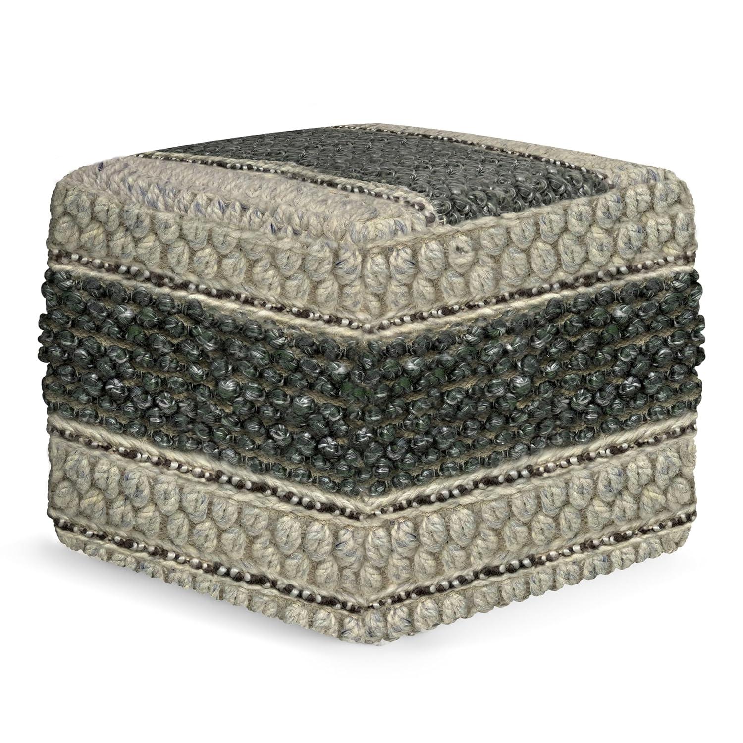 SIMPLIHOME Grady Contemporary Square Pouf in Green and Natural Handloom Woven for the Living Room, Bedroom and Kids Room