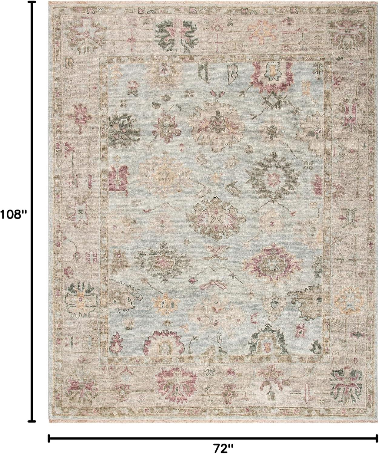 Light Blue and Sage Hand-Knotted Wool 6' x 9' Oriental Rug