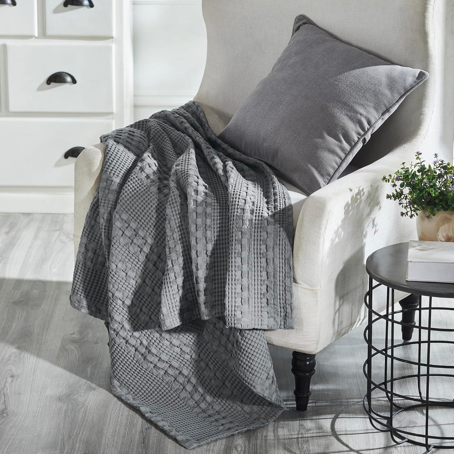 VHC Brands Waffle Weave Dark Grey Throw 50x60, Decorative Cotton Throw Blanket, Boho Farmhouse Bedroom, Living Room Decor for Bed, Couch, or Sofa