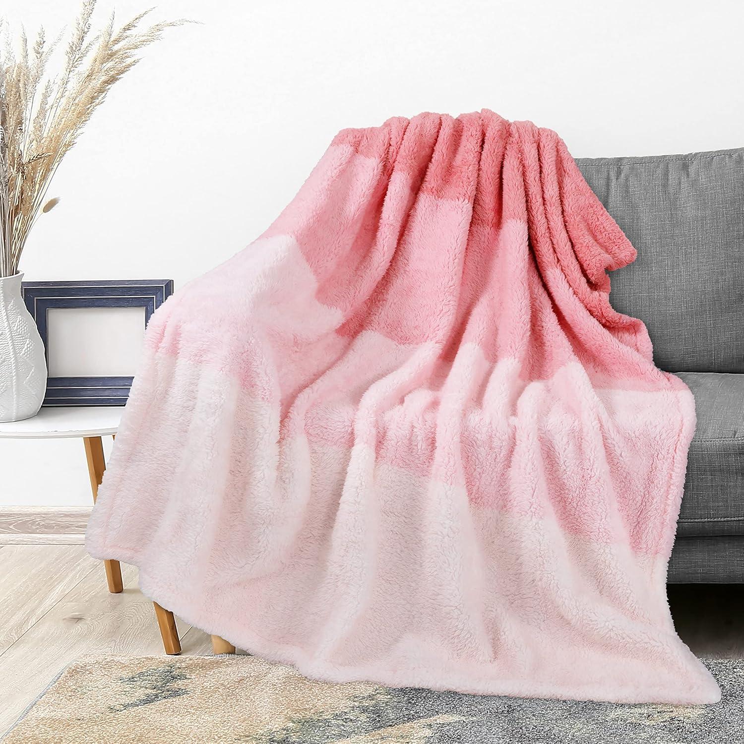 PAVILIA Plush Throw Blanket for Couch Bed, Faux Shearling Blanket and Throw for Sofa Home Decor, Gradient - Pink/Throw - 50x60