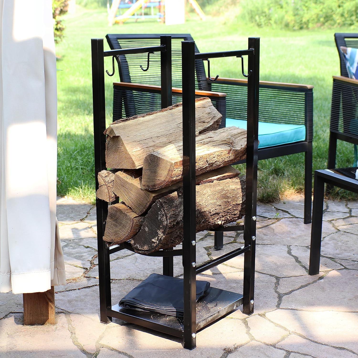 Sunnydaze Indoor/Outdoor Steel Fire Pit or Fireplace Firewood Log Rack Holder with Hooks - 32"