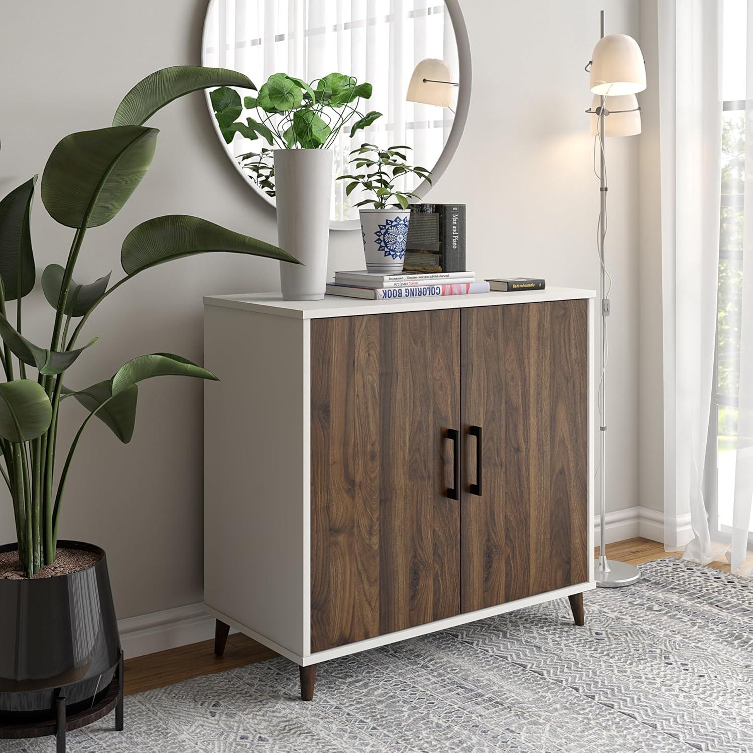 White and Walnut Two-Tone Office Storage Cabinet with Adjustable Shelves