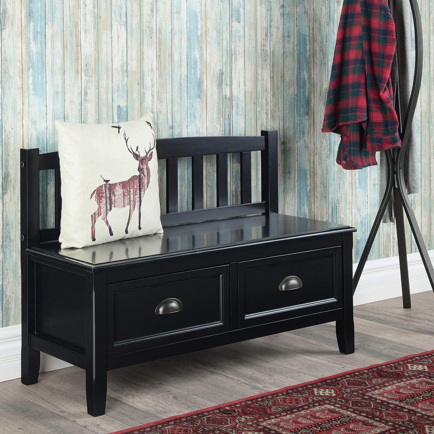 Black Solid Wood Entryway Bench with Storage Drawers