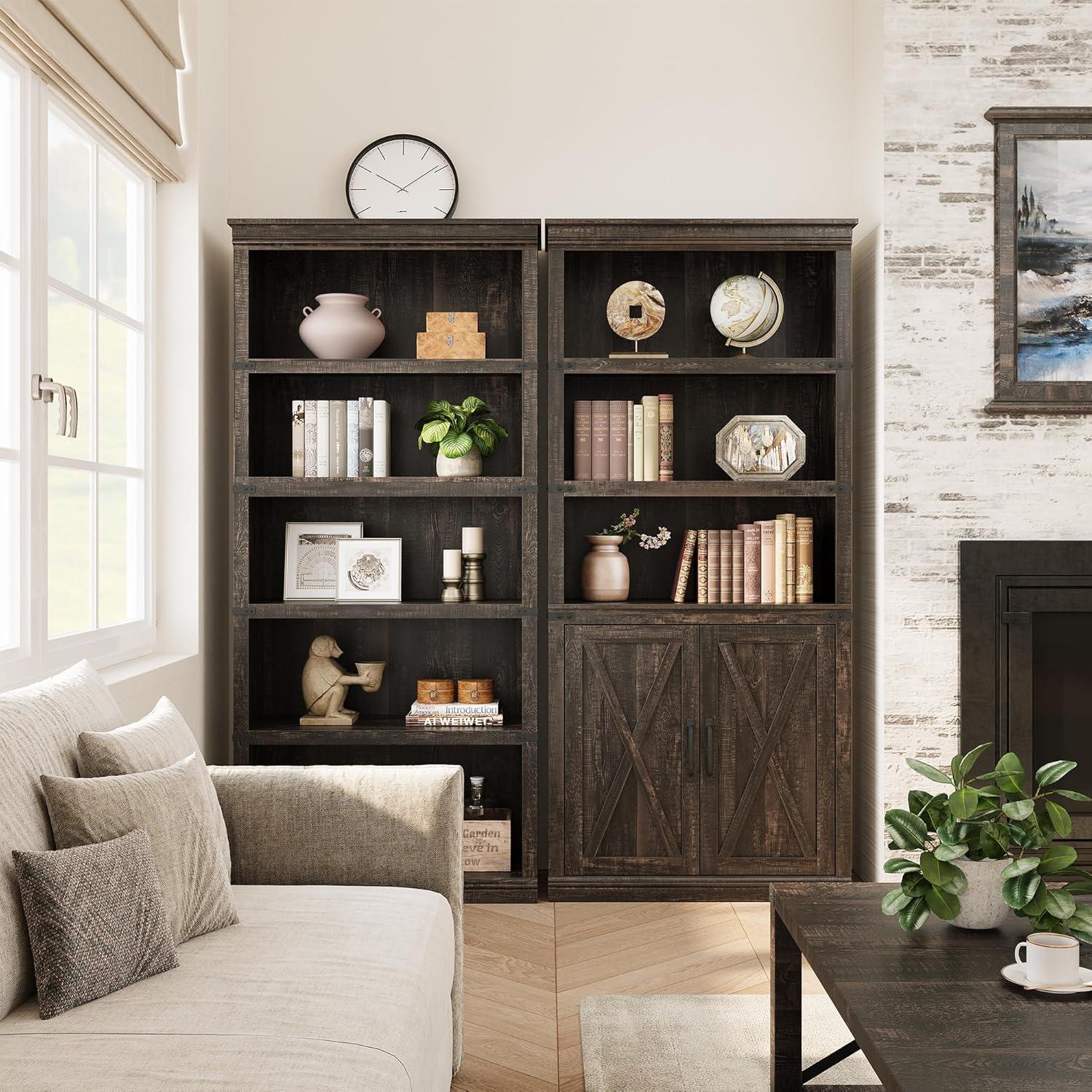 5-Tier Wooden Bookshelves with Cabinet Doors and Bookcases with Doors Floor Bookshelves and Office Storage Cabinets