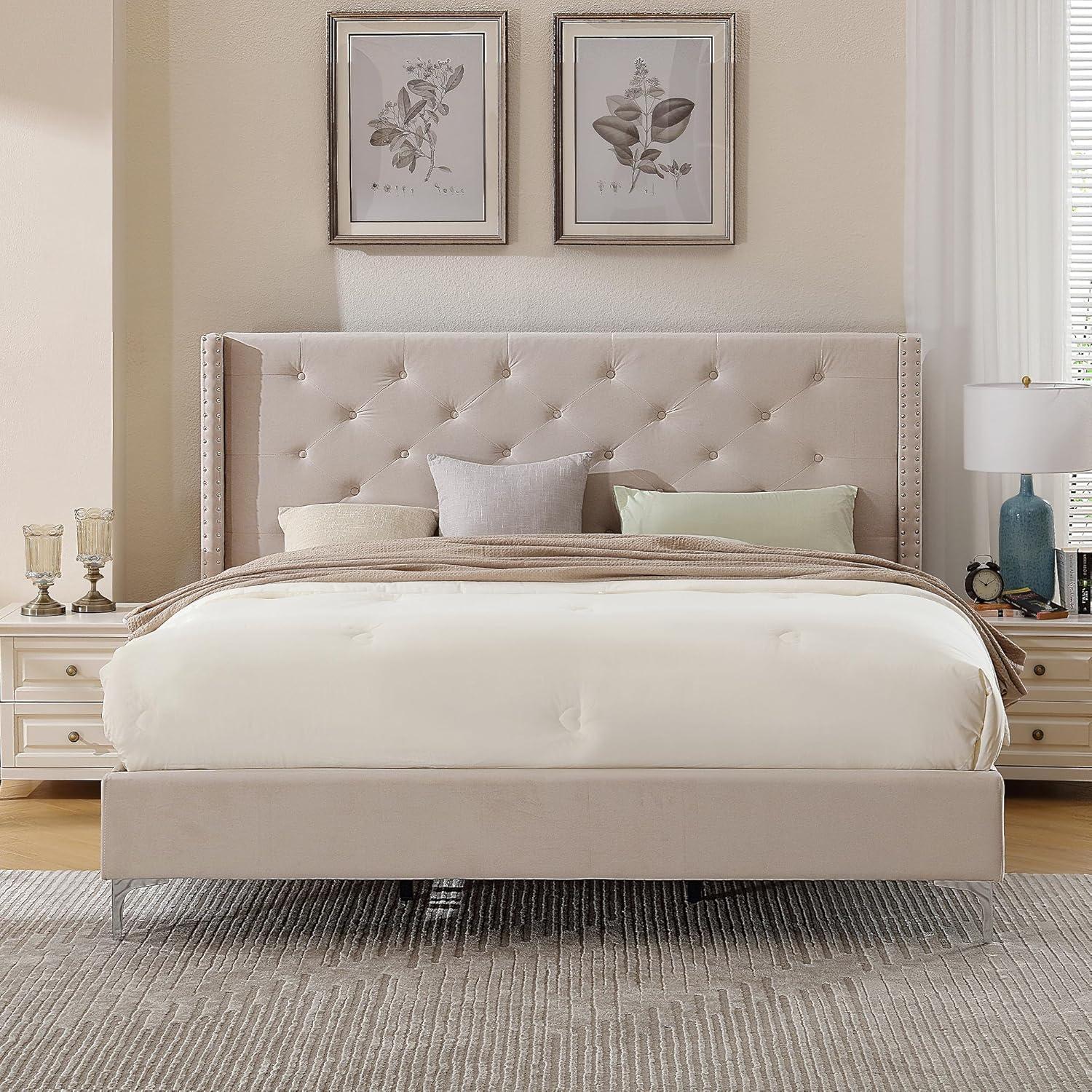 Beige Velvet Upholstered California King Bed with Tufted Headboard