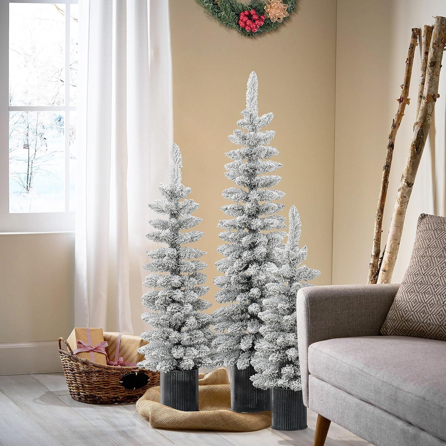 Set of 3 Snow-Flocked PVC Christmas Trees with Metal Pots