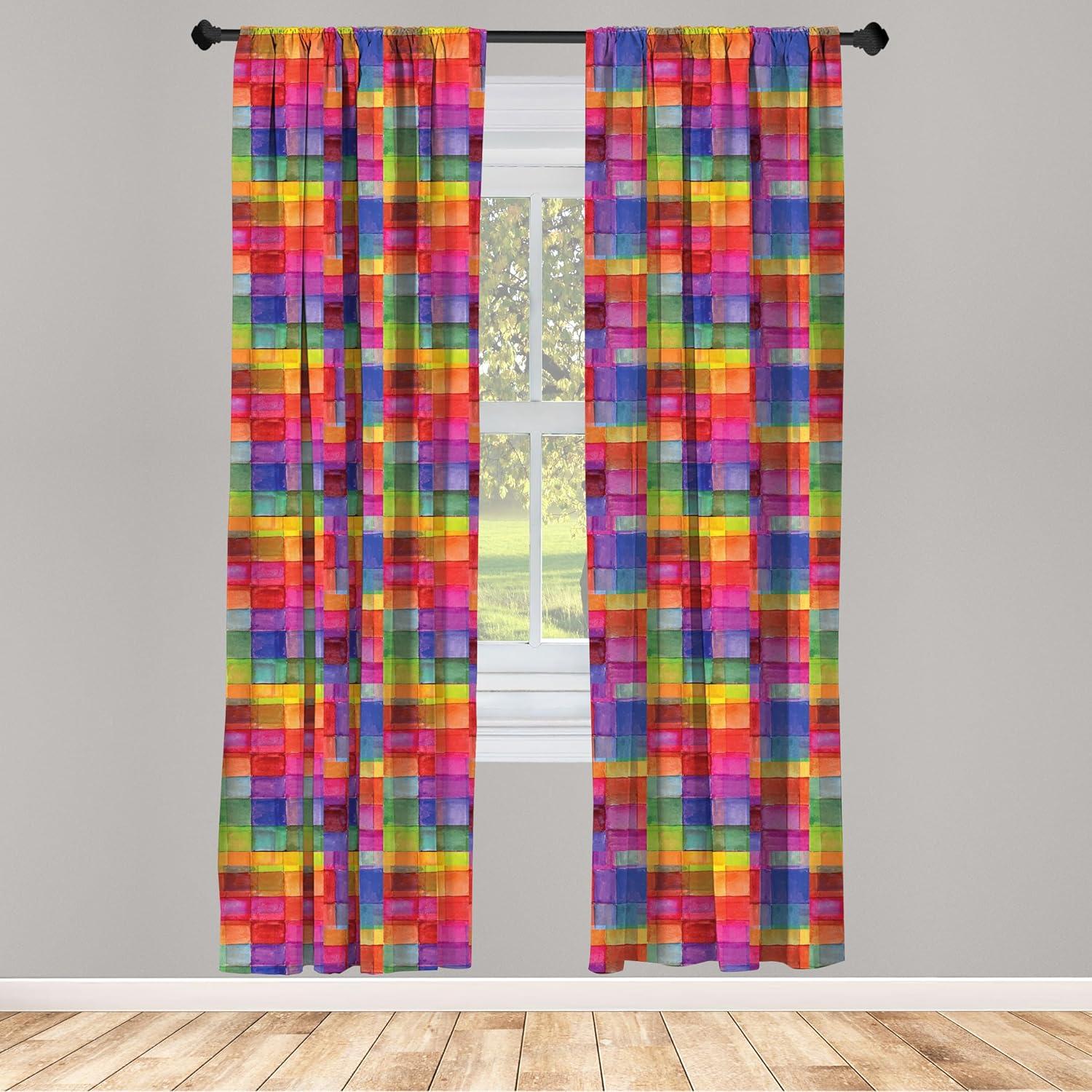 Ambesonne Abstract Curtains, Rainbow Colors Squares, Pair of 28"x63", Multicolor