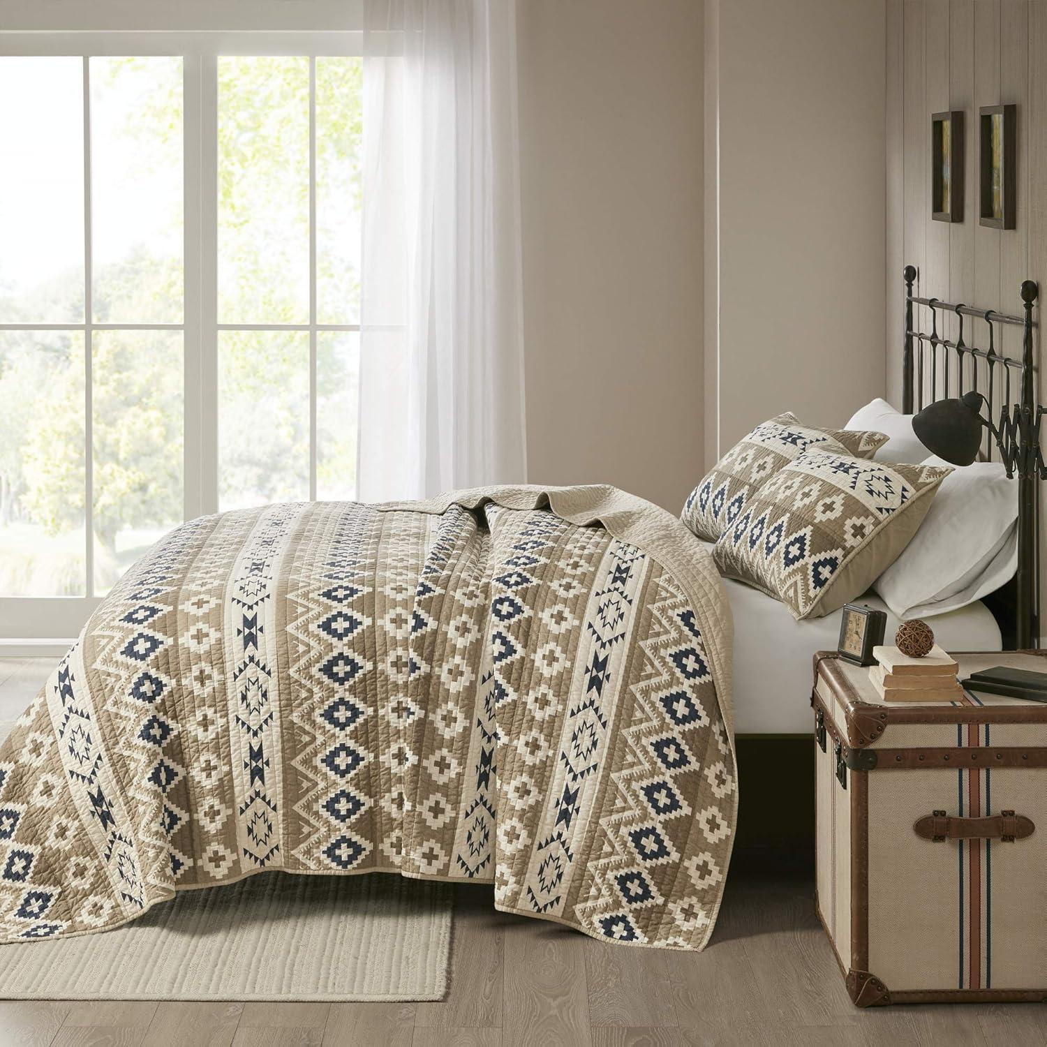 Blue and Tan Reversible Cotton King Quilt Set