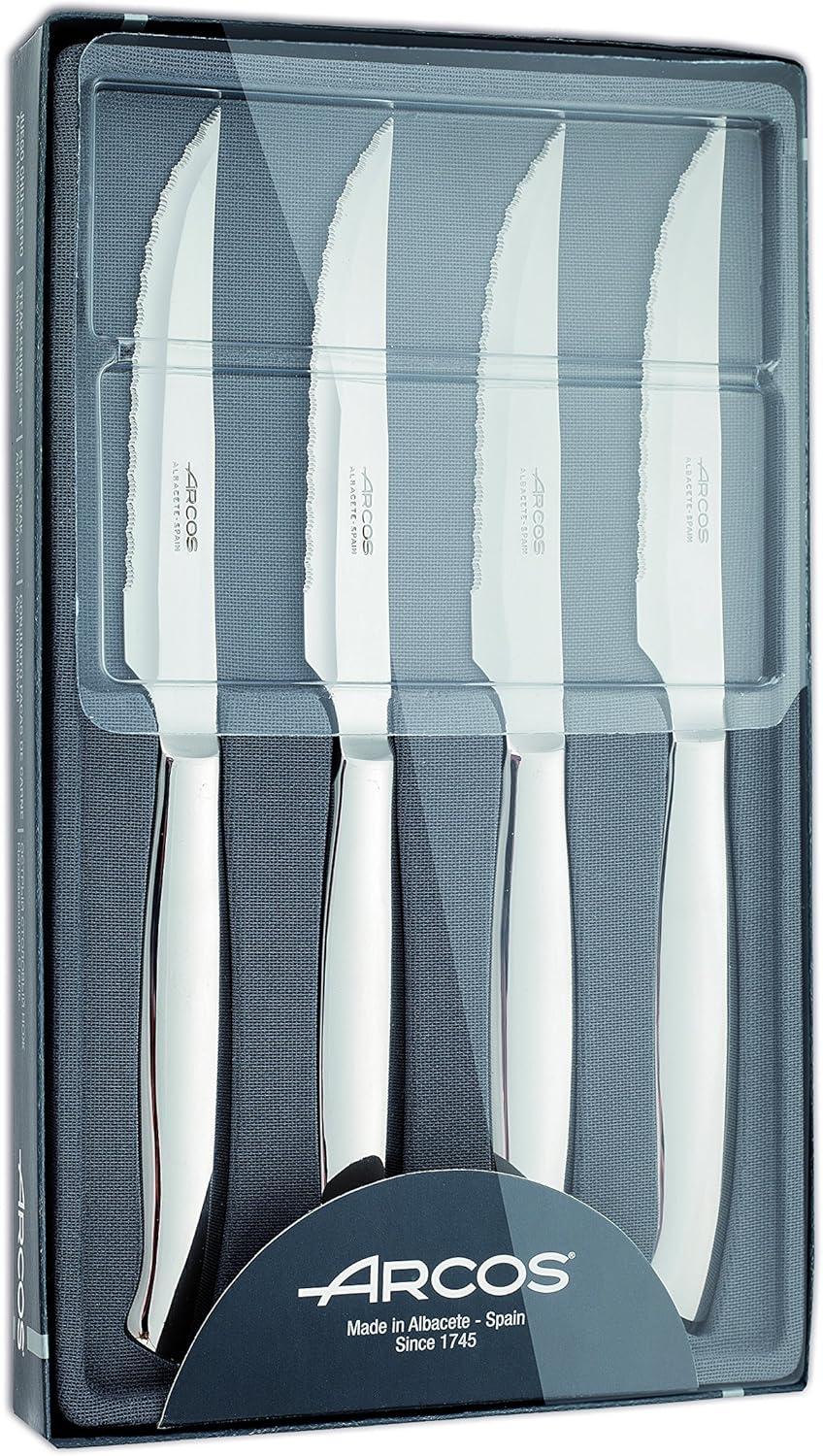 Arcos 4 Piece Steak Knife Set 4 inch. Pocket Knife Pack with Pearl Edge for Cutting and Fillet Meat. Monoblock Stainless Steel Blade and Handle. Series Mesa