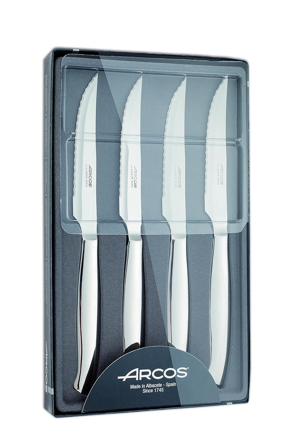 Arcos 4 Piece Steak Knife Set 4 inch. Pocket Knife Pack with Pearl Edge for Cutting and Fillet Meat. Monoblock Stainless Steel Blade and Handle. Series Mesa