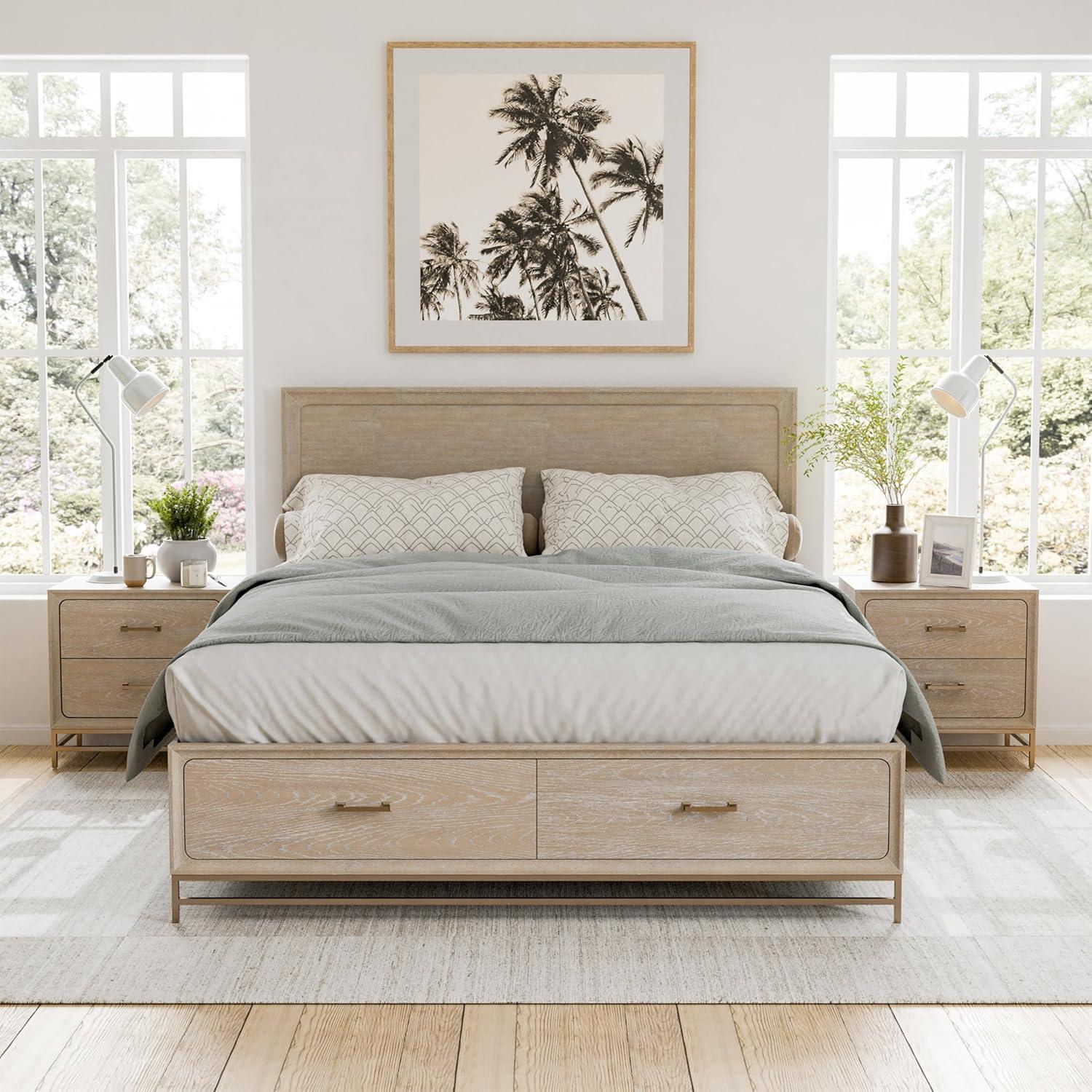 HOMES: Inside + Out 3pc Queen Neovesi Platform Bedroom Set Boho with 2 Nightstands Oak