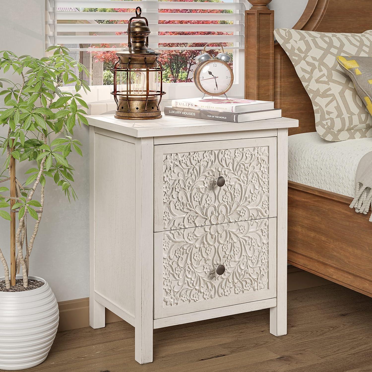 COZAYH Farmhouse Fully-Assembled Nightstand with 2-Drawer, Flower Motif End Table for Small Spaces, French Country, Modern, Distressed Finish, White-Washed