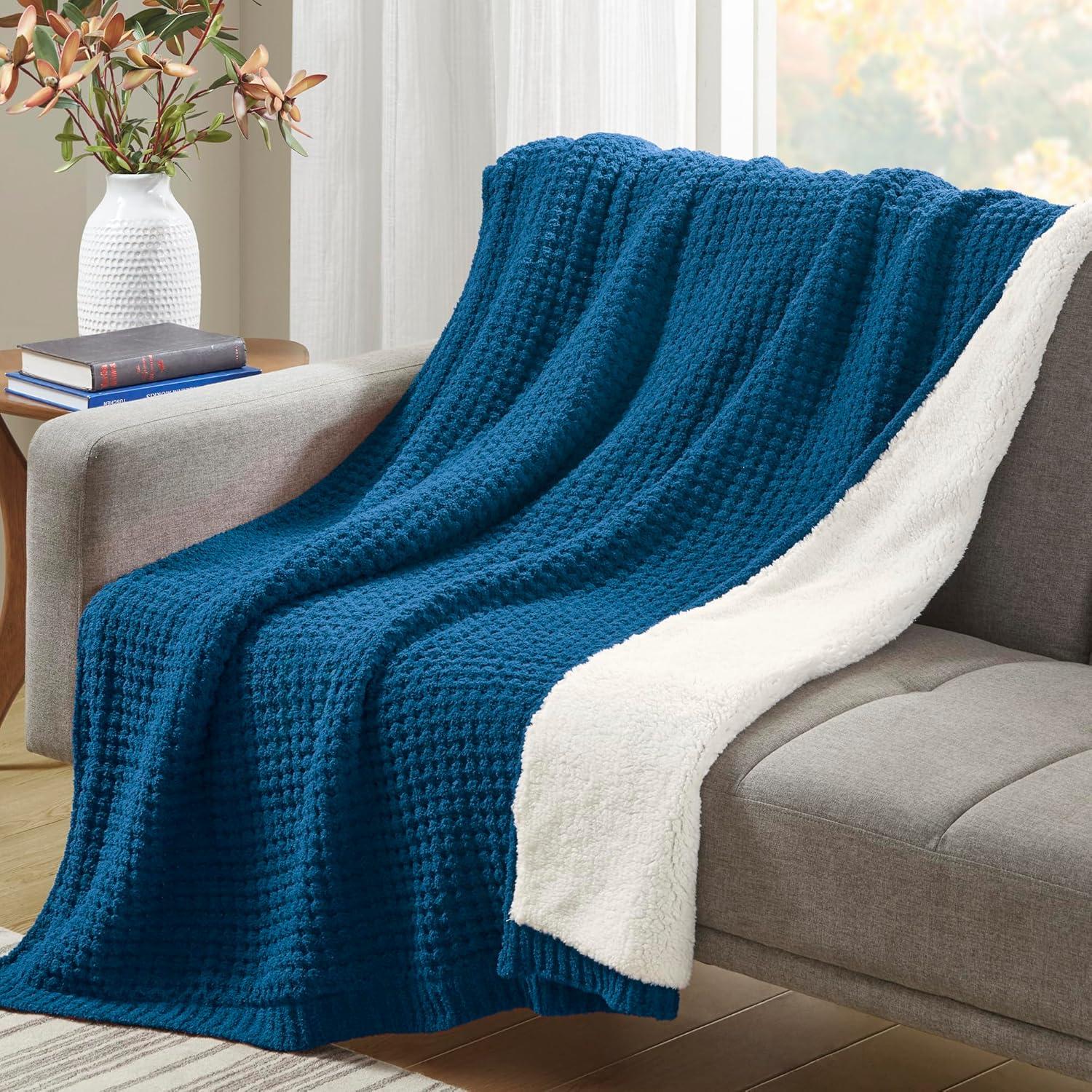 50"x60" Eden Waffle Knit Chenille Throw Blanket Navy Blue - Madison Park