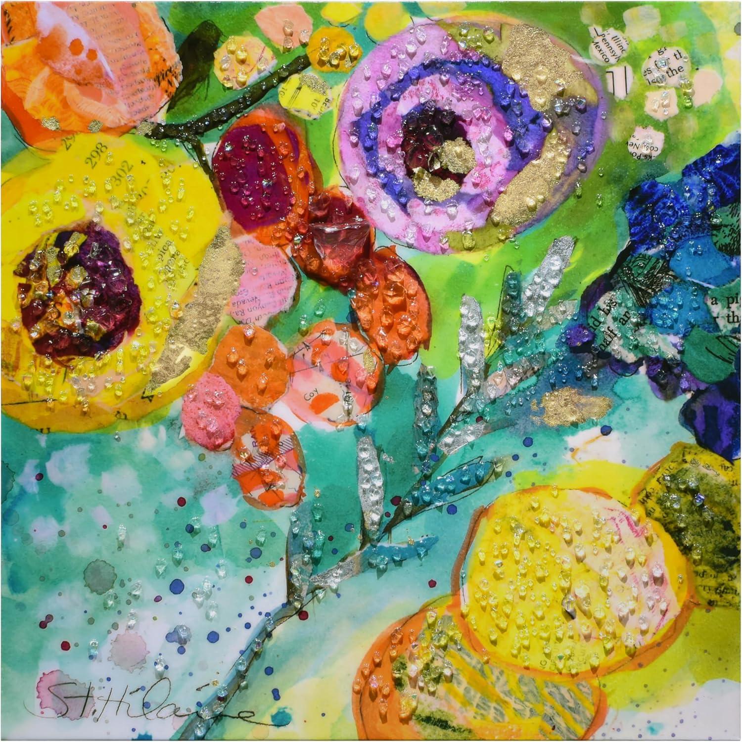 "Floral Radiance II" Crystallus Epoxy Coated Wrapped Glossy Canvas Wall Art with Heavy Acrylic Crystal Shards Embellishments