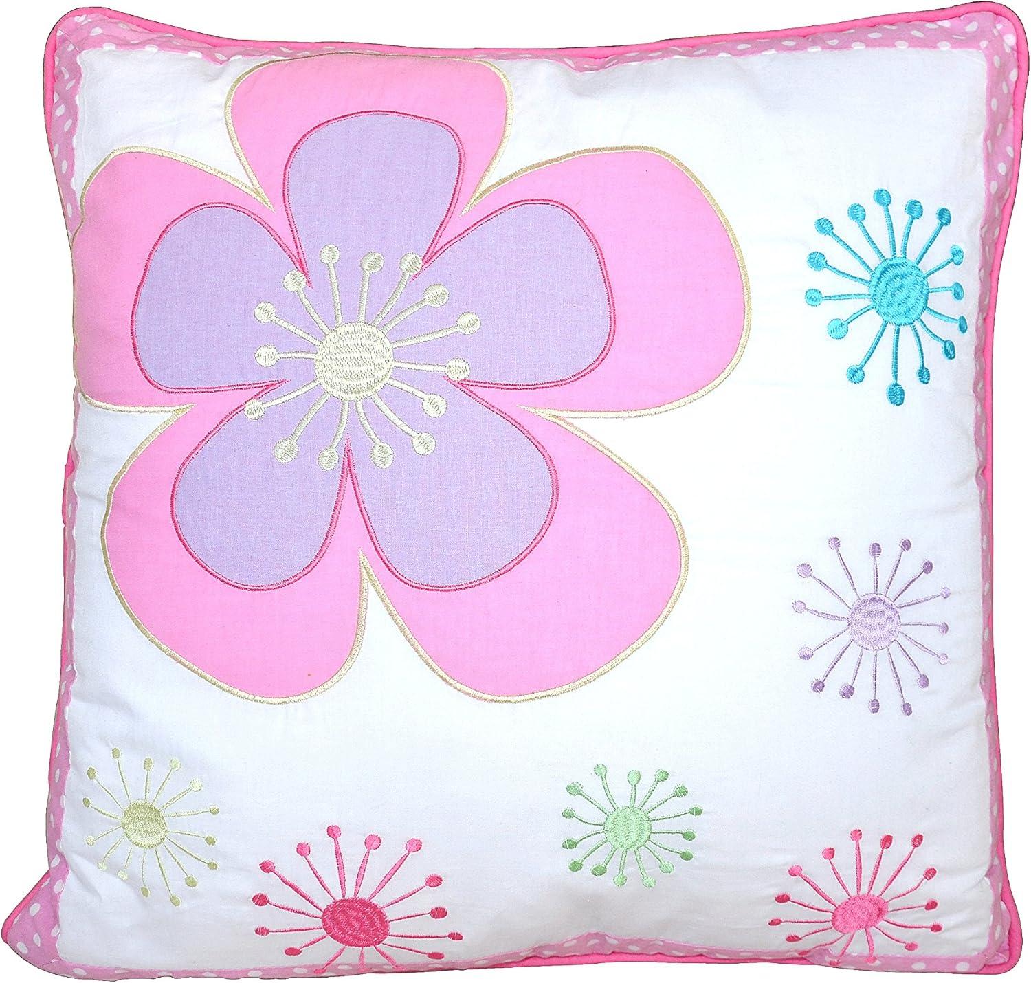 Kids Pink and Purple Embroidered Cotton Square Pillow