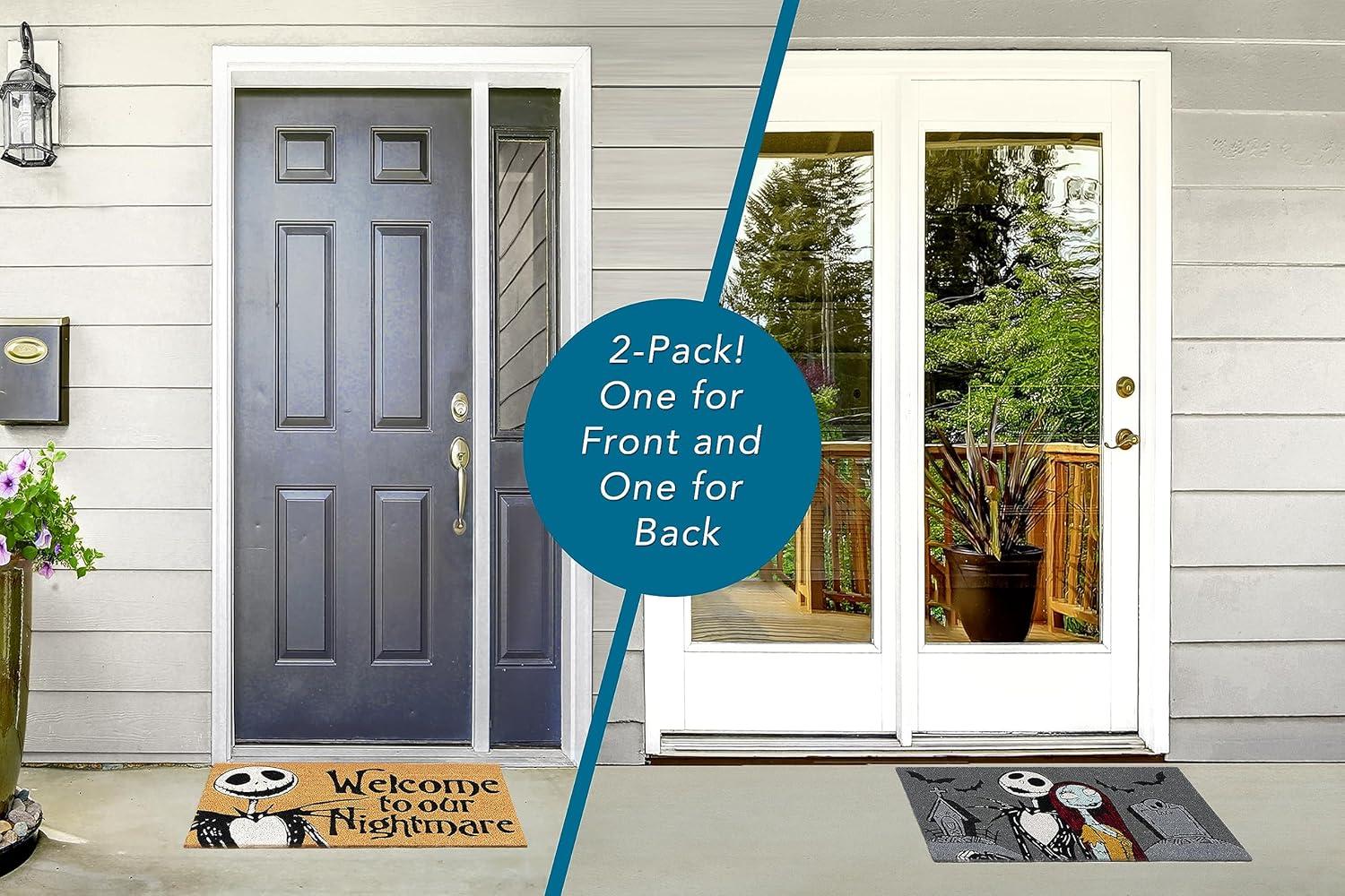Disney Nightmare Before Christmas Jack Sally Welcome Black White Natural Graphic Non-Slip Indoor/ Outdoor Coir Door Mat 2-Pack, 20x34 (Set of 2)