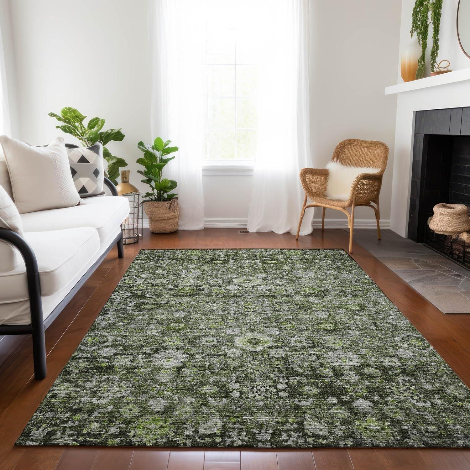 Green Synthetic Flat Woven Rectangular Washable Rug