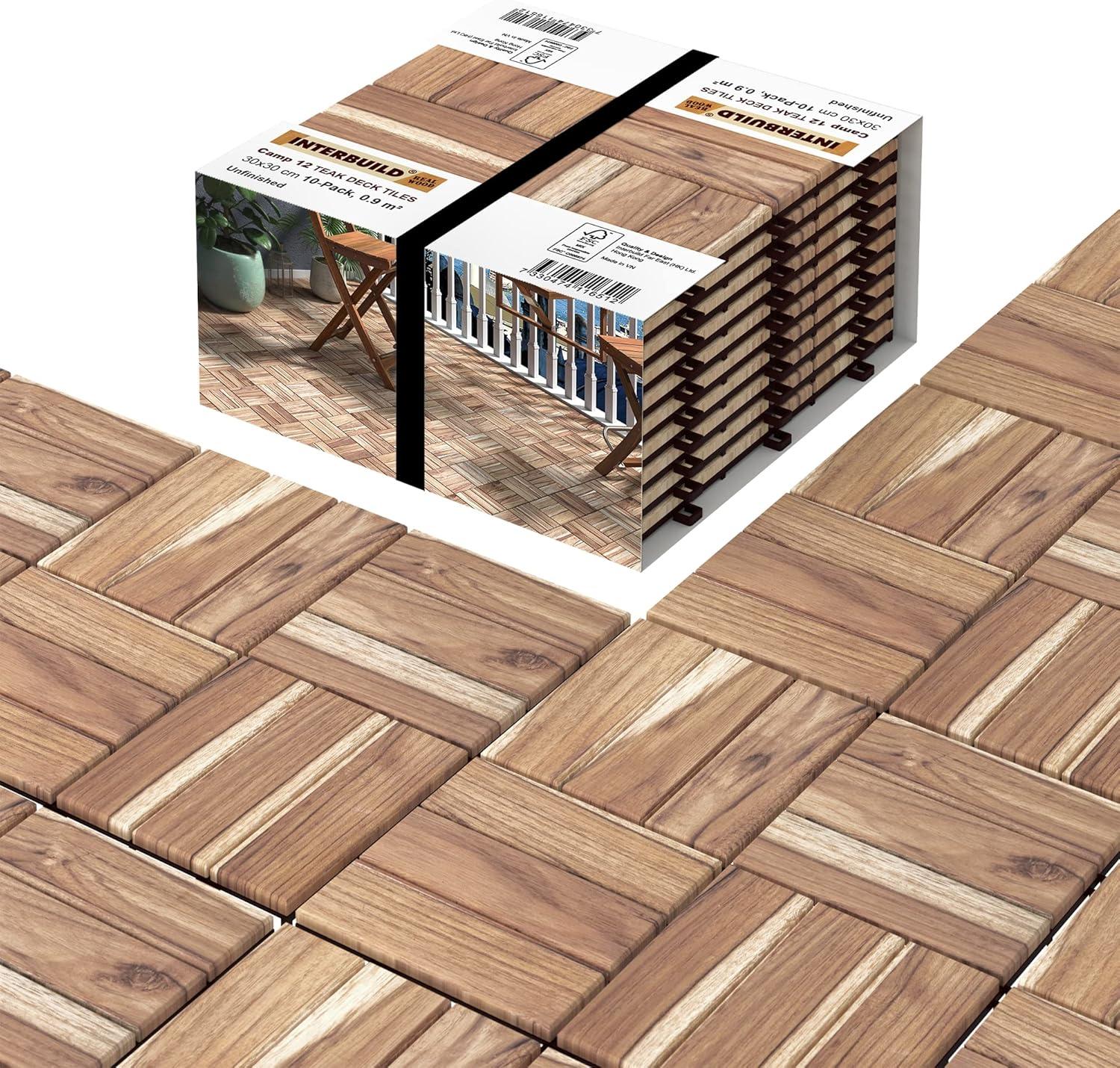 Unfinished Teak Wood Interlocking Deck Tiles, 12" x 12", Pack of 10