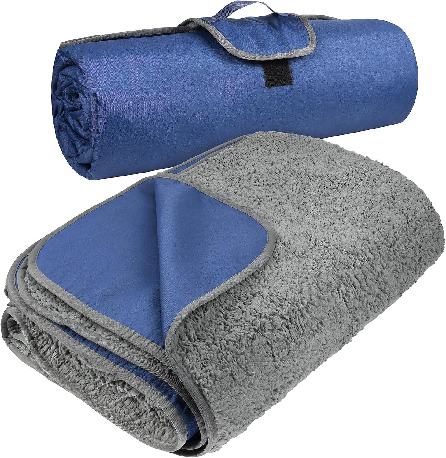 Tirrinia Waterproof Blanket for Outdoors, Fleece Lined Camping Blanket Foldable, Stadium Blanket Keep Warm, 66"x90", Navy
