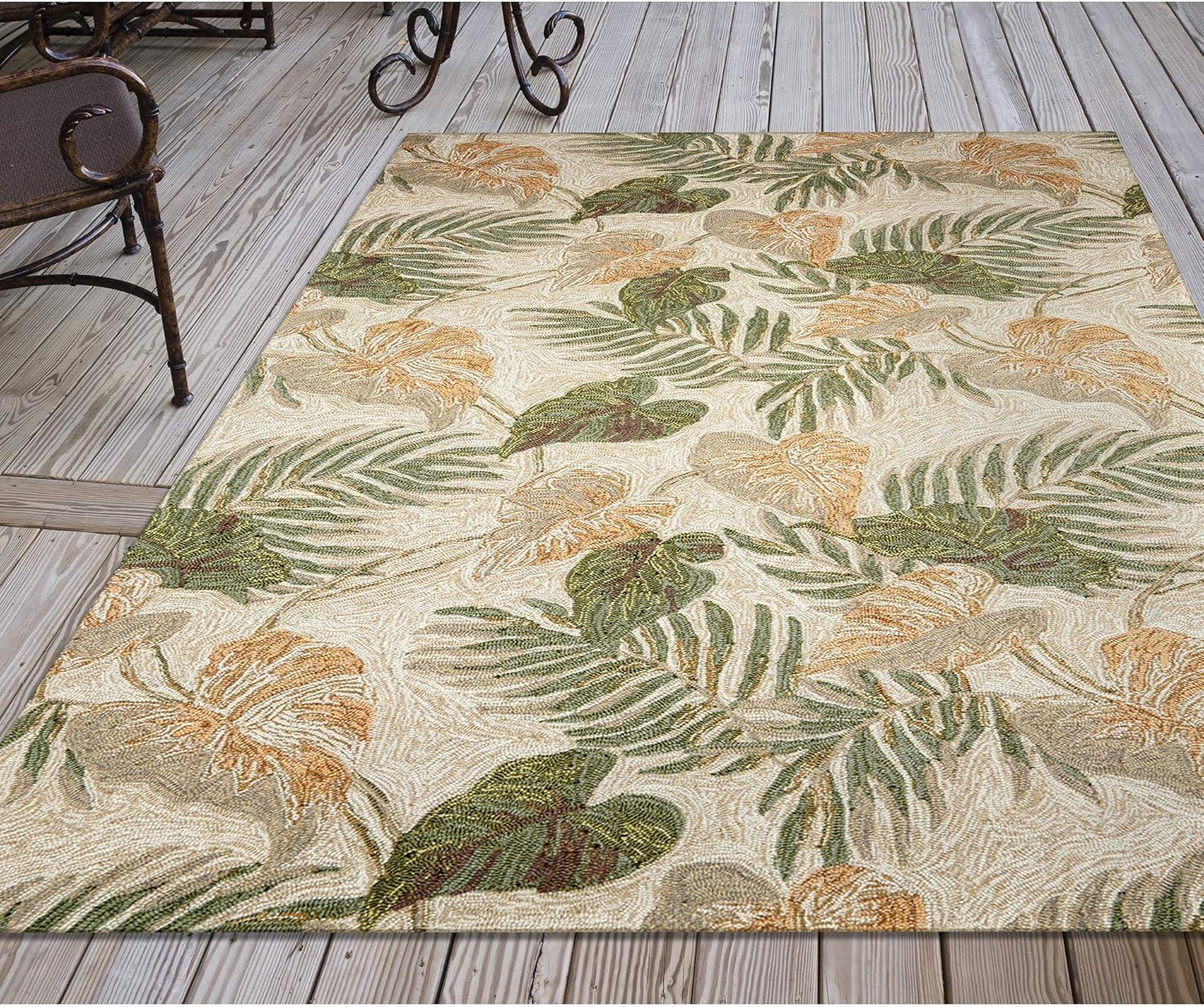 Tropical Leaf Beige and Green Hand-Tufted Indoor/Outdoor Rug