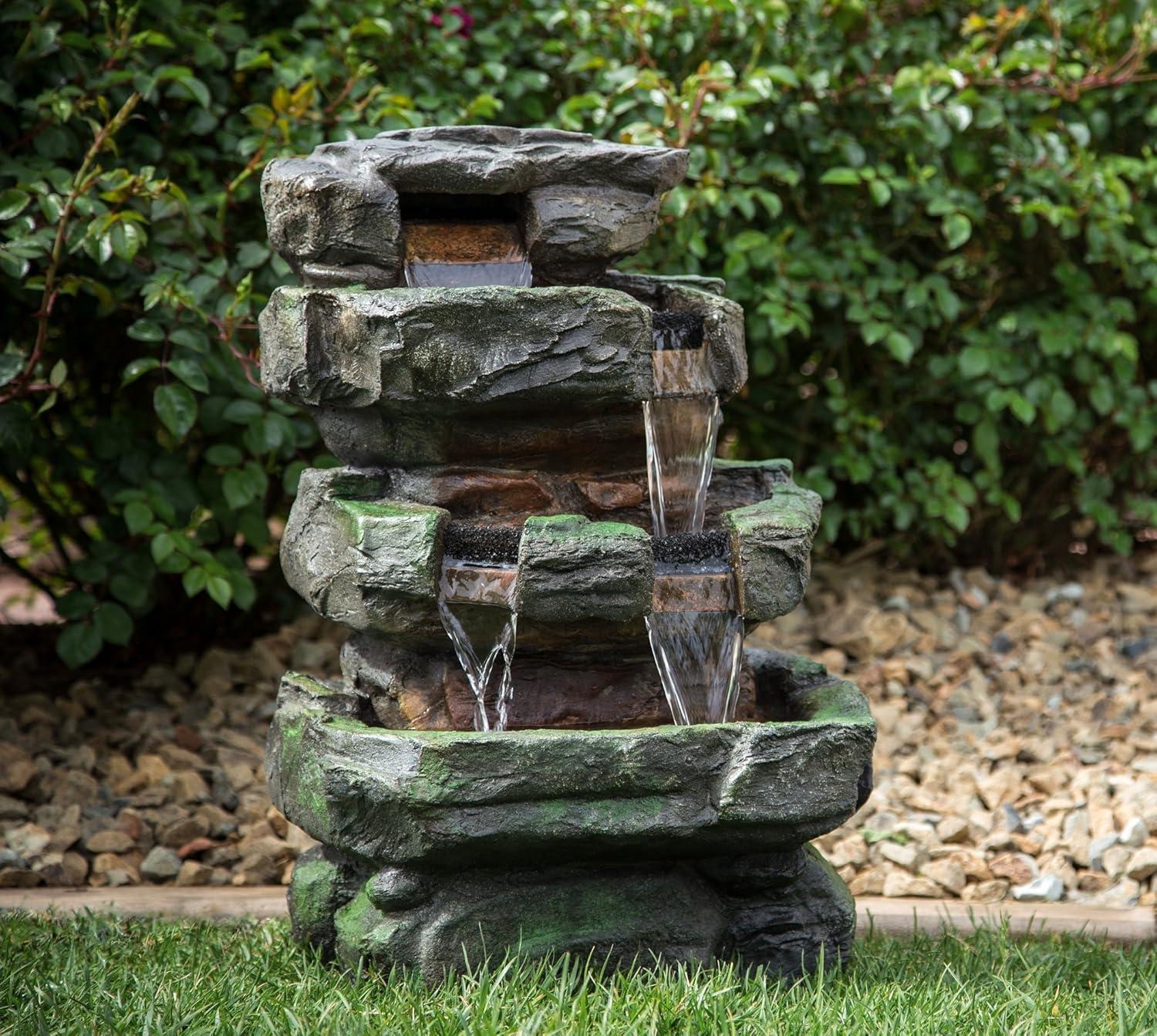 Moss Covered Gray Resin Rock Fountain with LED Lights