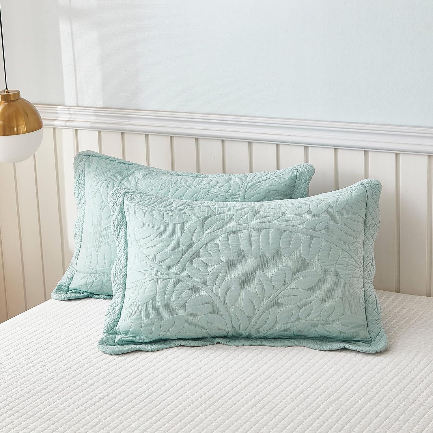 Standard Pistachio Green Cotton Embroidered Pillow Shams