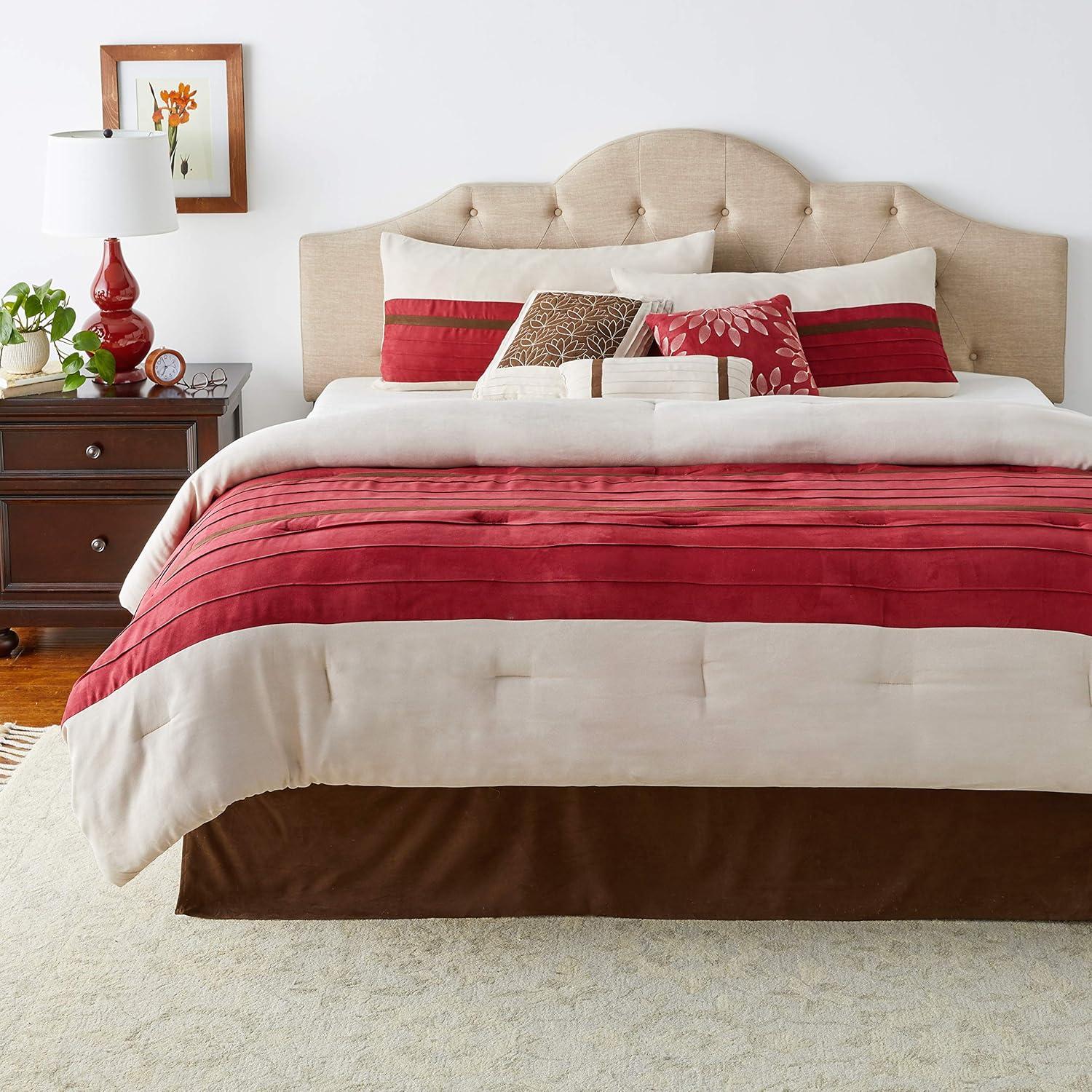 Home Essence 7 Piece Dakota Pieced and Pleated Microsuede Comforter Set, Red/Tan, King