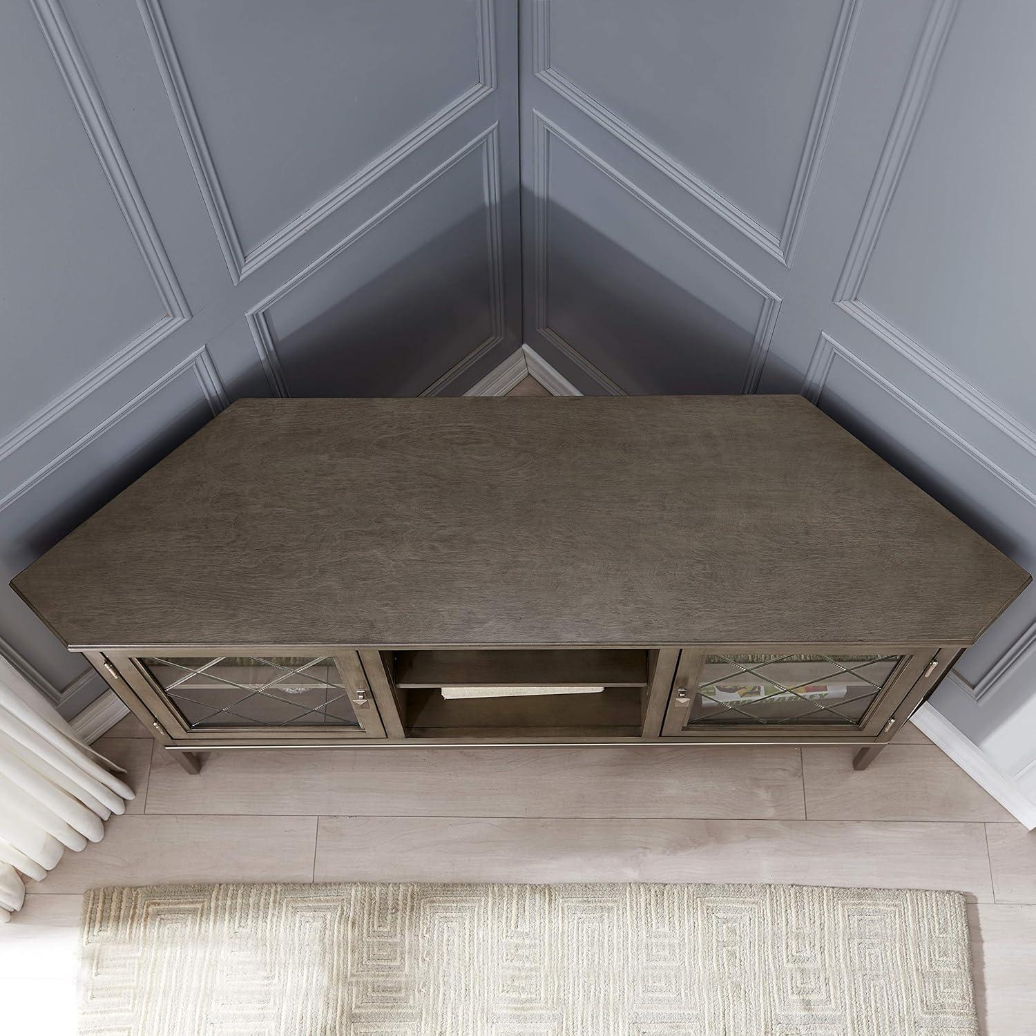 Gray Wood and Pewter Corner TV Stand with Glass Doors