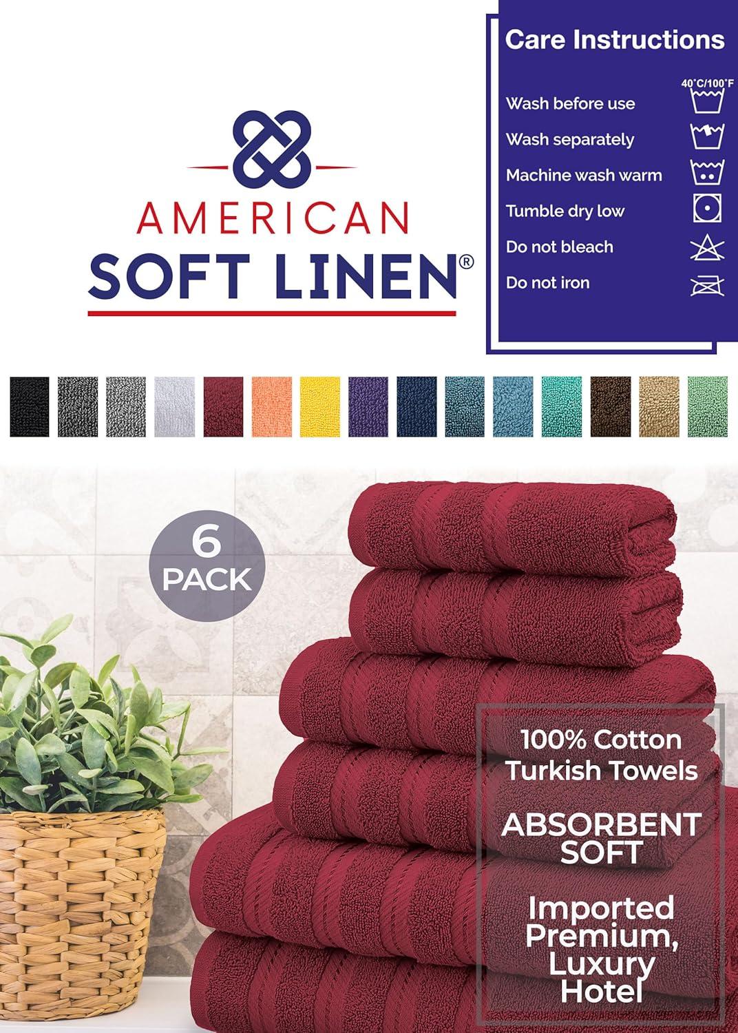 American Soft Linen 6 Piece Towel Set, 100% Cotton Bath Towels for Bathroom, Bordeaux Red