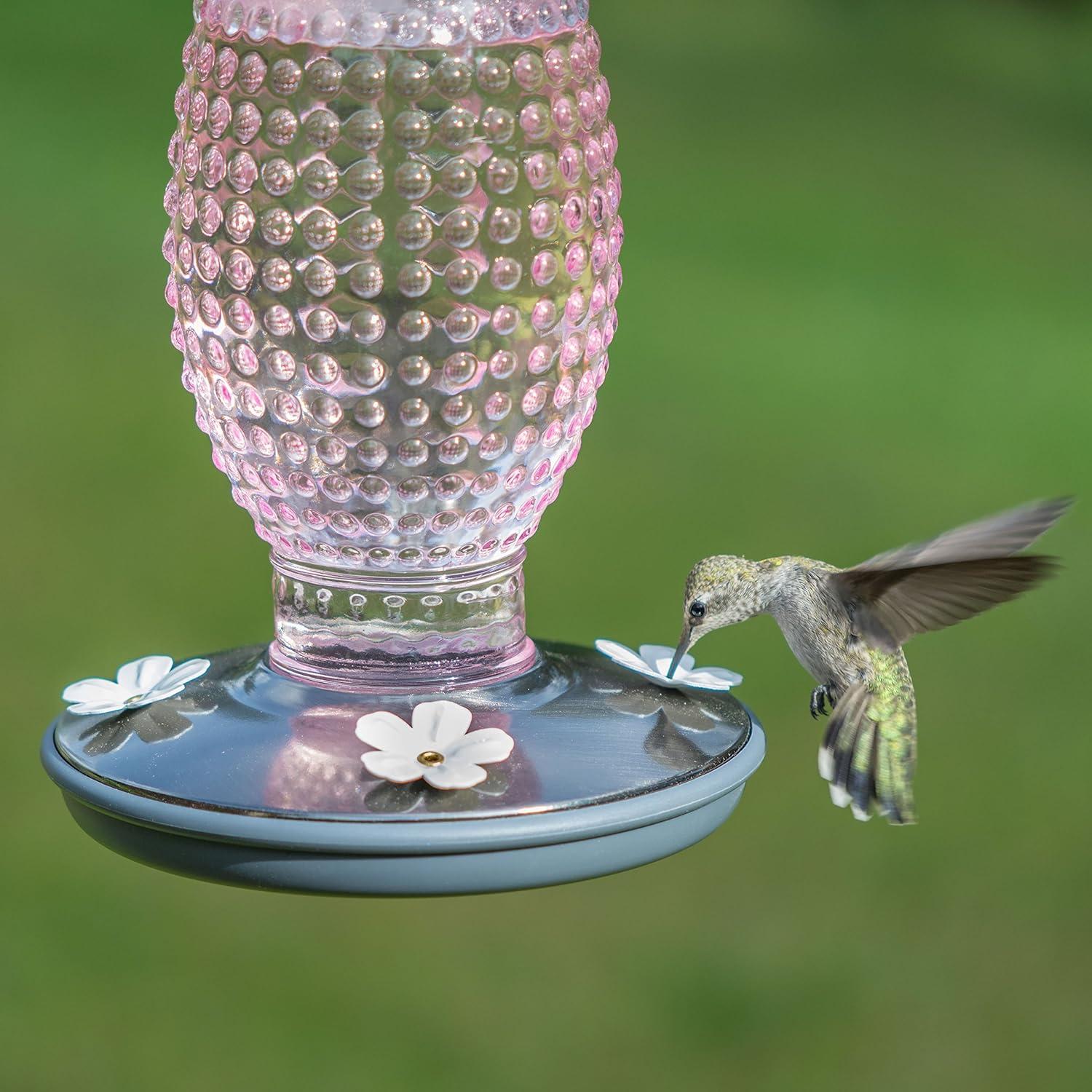 Cranberry Hobnail Glass and Metal Hummingbird Feeder