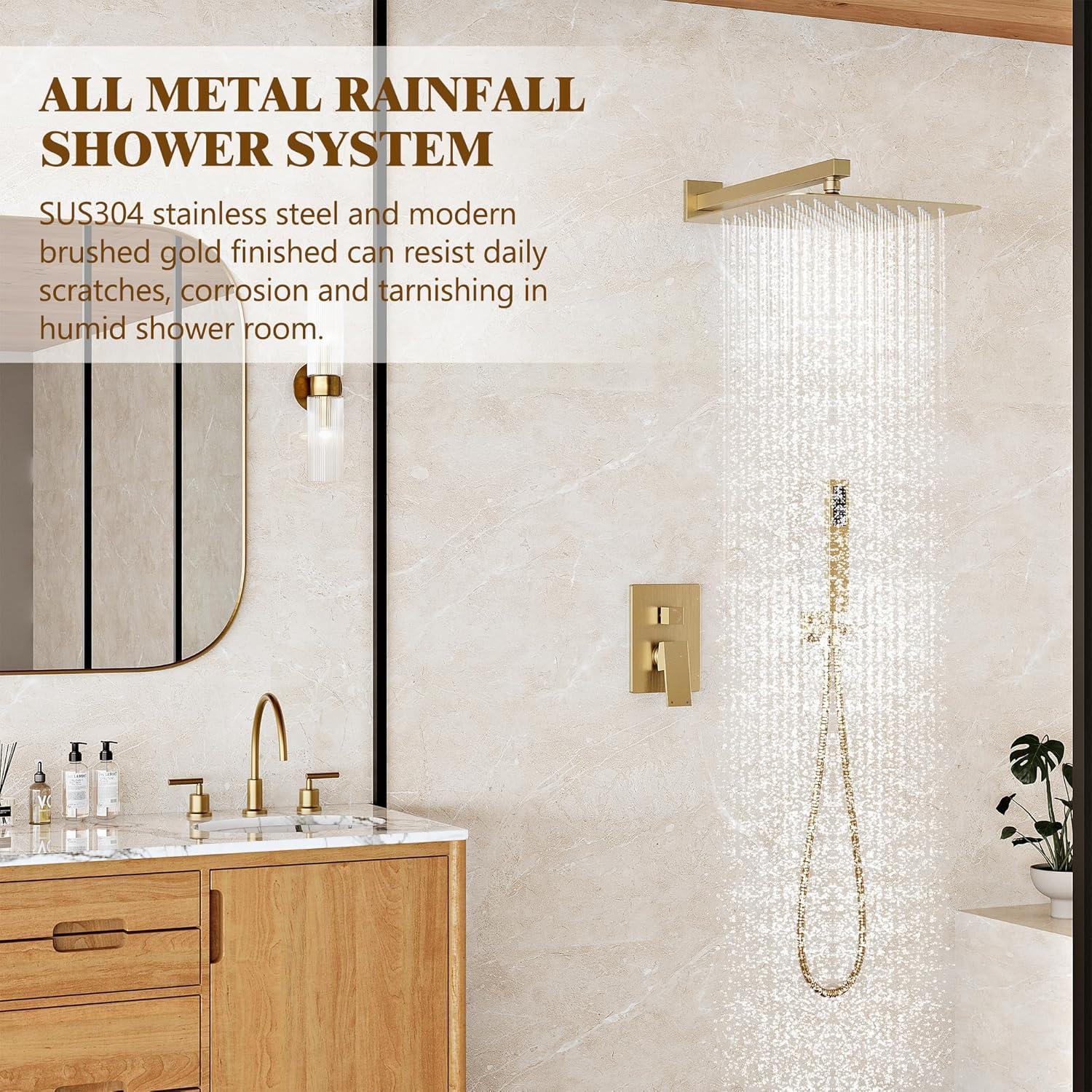 Brushed Gold 10-Inch Rainfall Shower System with Handheld Spray