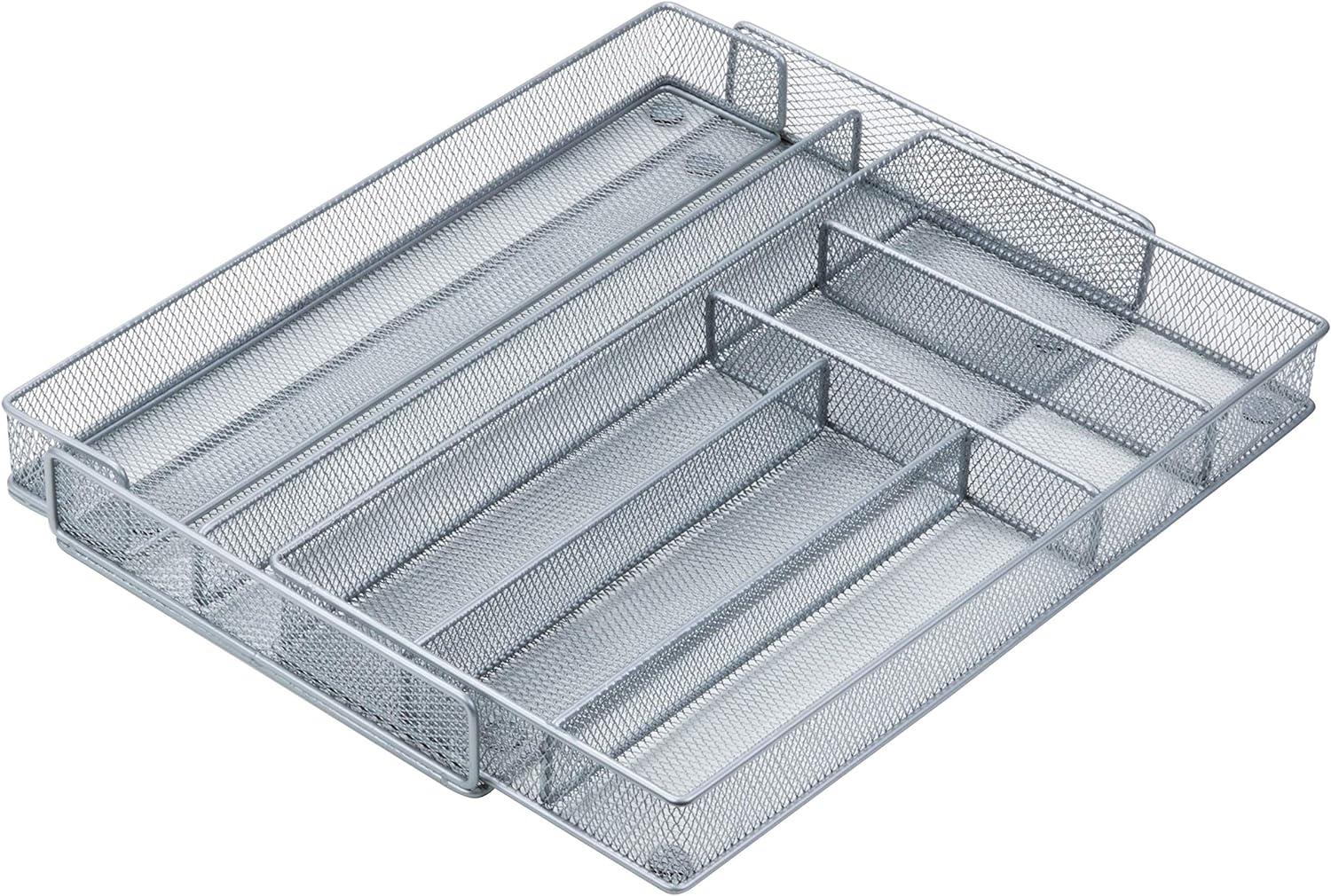 Silver Steel Mesh Expandable 7-Compartment Flatware Organizer