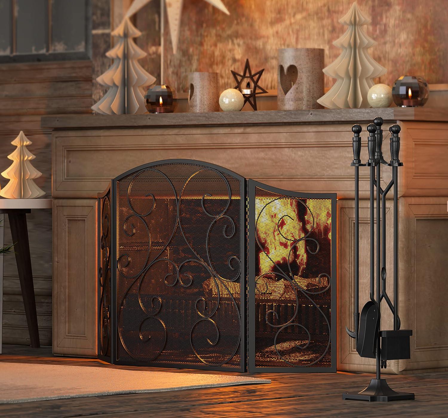 Classic Black Wrought Iron 3-Panel Fireplace Screen