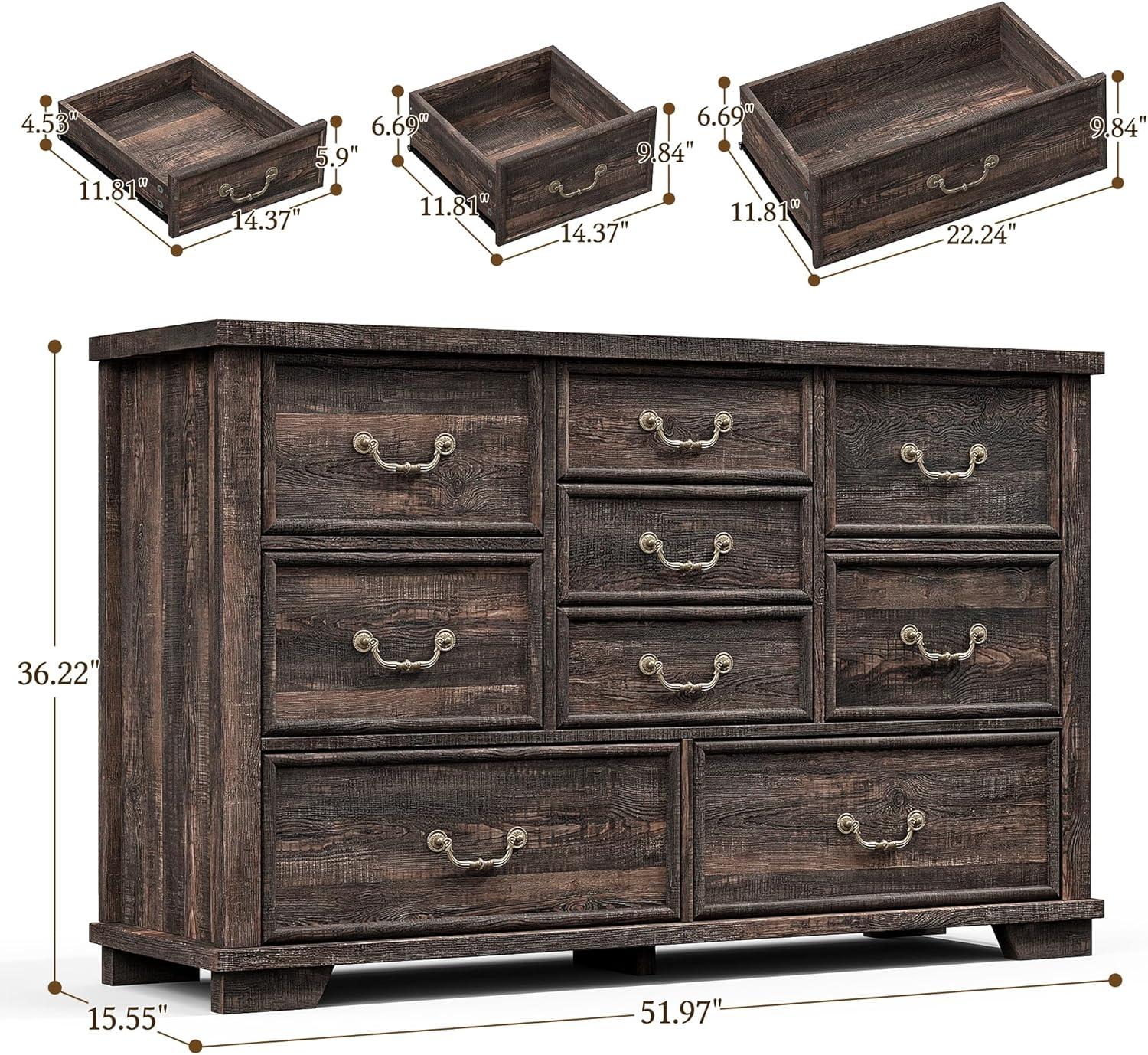 Dark Rustic Oak 9-Drawer Antique Wood Dresser with Metal Handles