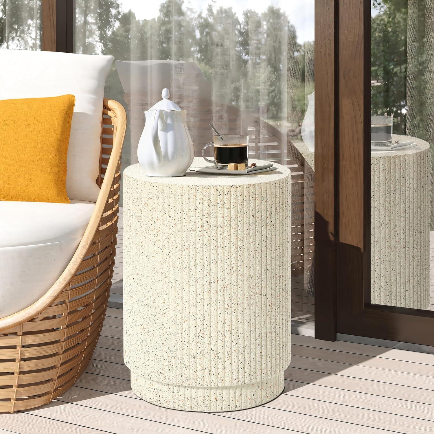 LuxenHome Outdoor Side Table, 17" Ivory White Cement Round Patio End Table,Outdoor Coffee Table for Garden Poolside,Accent Side Table