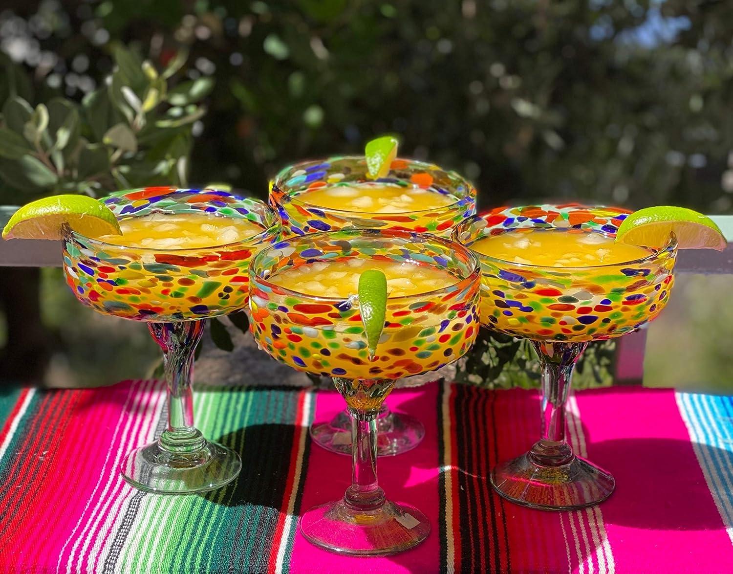 Mexican Hand Blown Glass – Set of 4 Hand Blown Margarita Glasses Confetti Rock (16 oz)