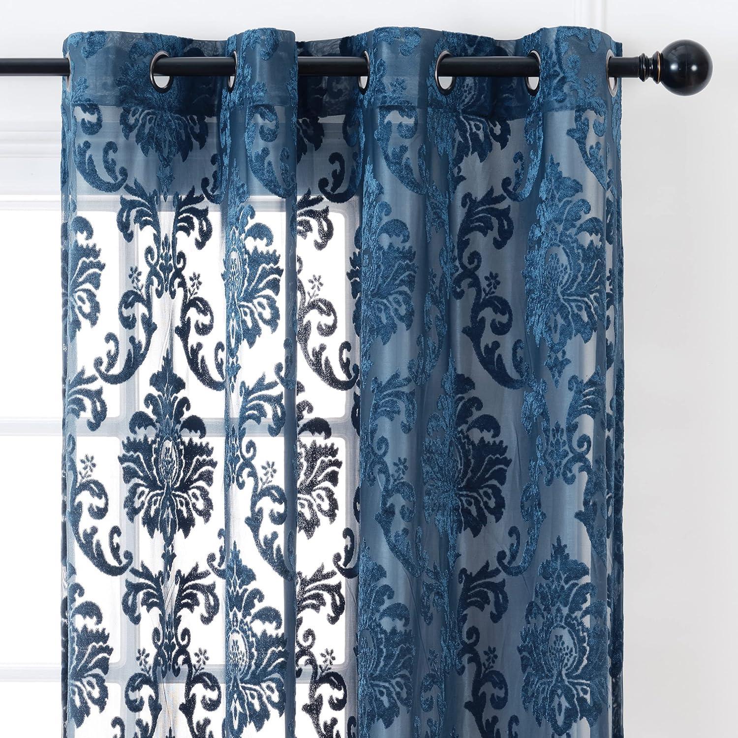 Chanasya 2pk Devore Damask Sheer Grommet Window Curtain Panels - Set of 2 - 52 x 108 Inches Long - Blue