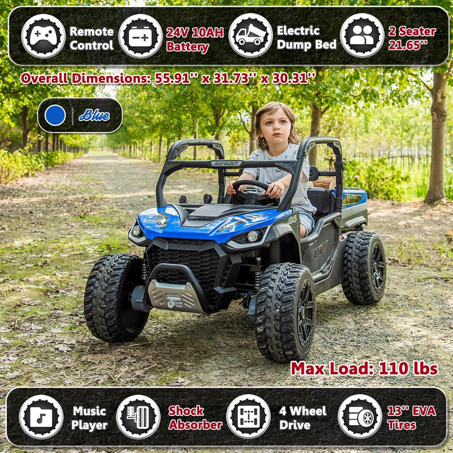DreamDwell Home 4 Wheels 24V Ride on Dump Truck Toys 2 Seater Kids Ride On UTV Car with Remote Control,Electric Dump Bed