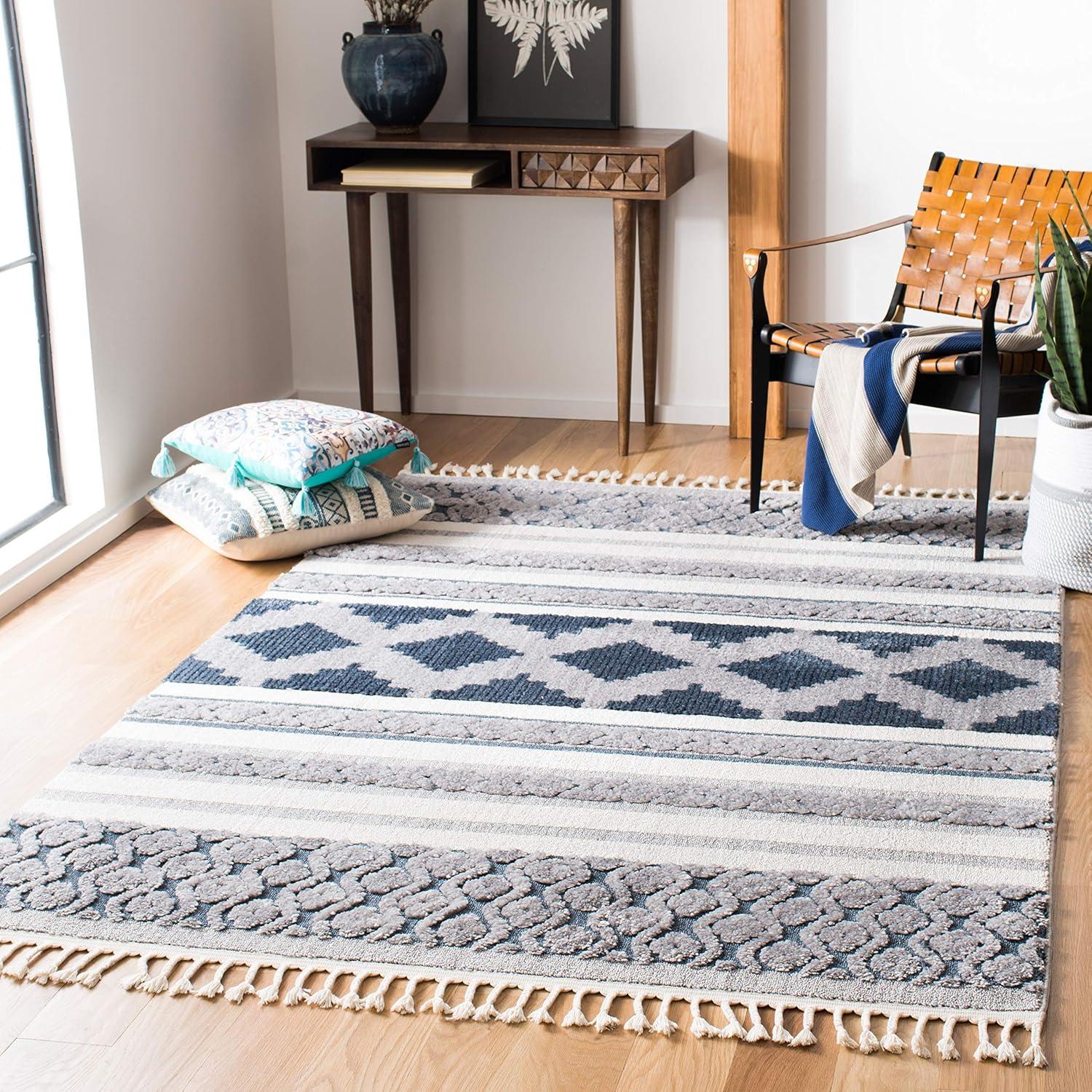 Ivory and Blue Moroccan Boho Tribal Tassel Area Rug