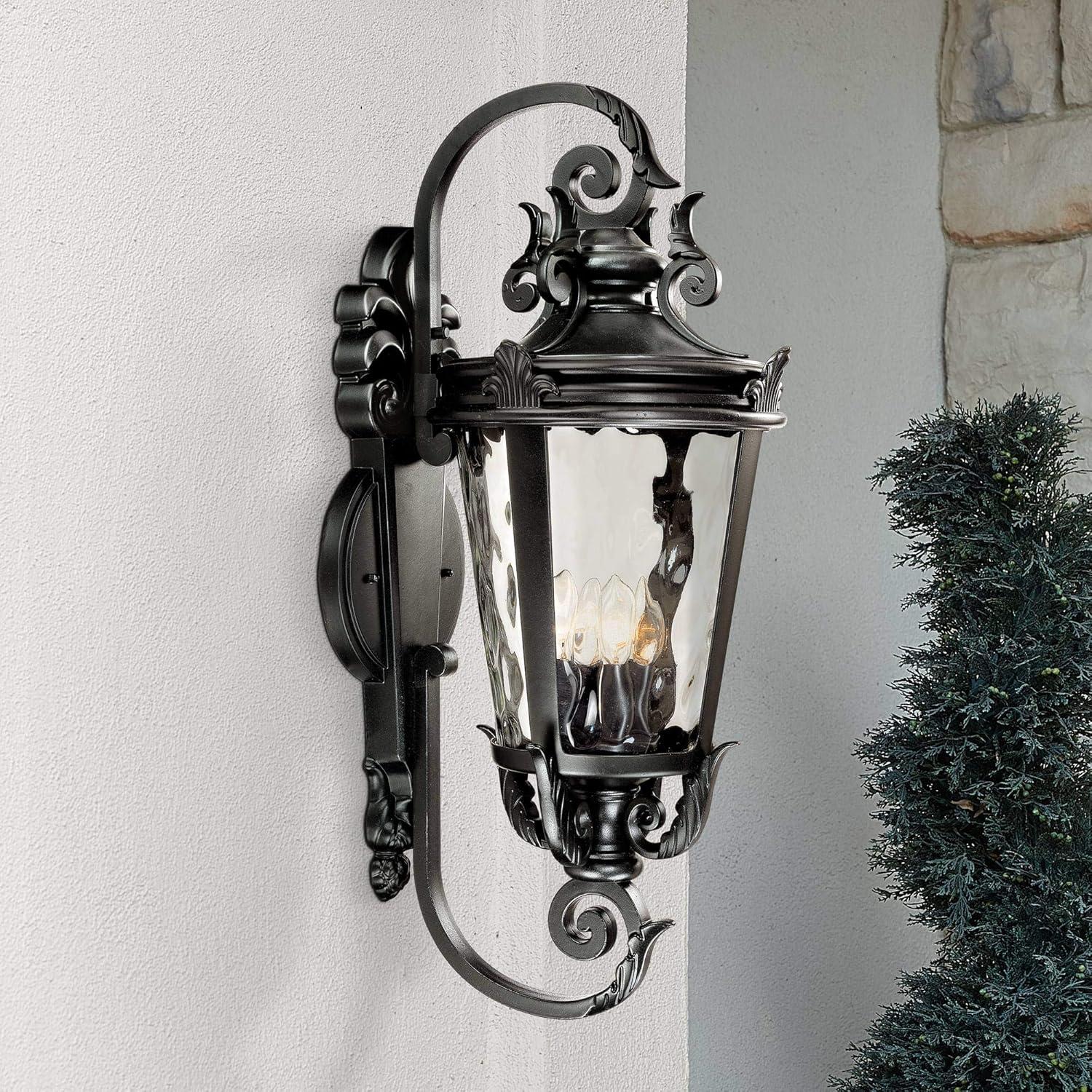 John Timberland Casa Marseille Vintage Rustic Outdoor Wall Light Fixture Textured Black Scroll 31" Clear Hammered Glass for Post Exterior Barn Deck