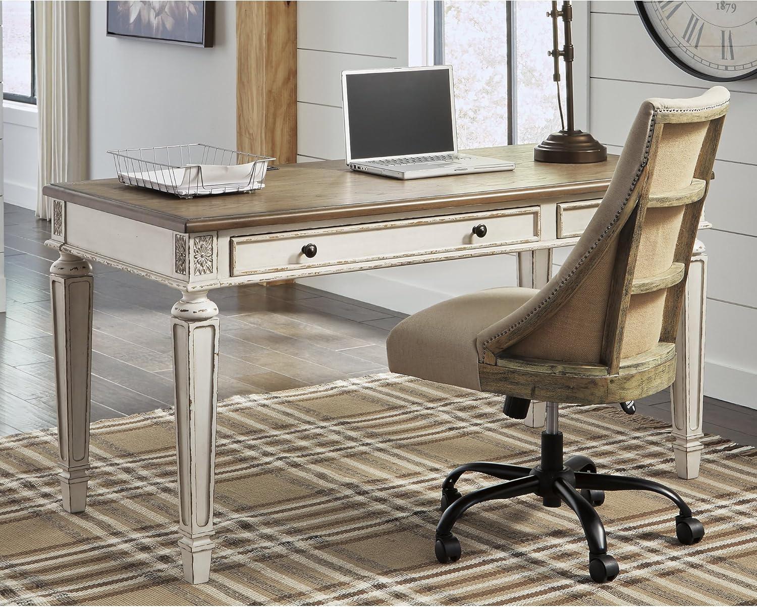 Signature Design by Ashley 60" Realyn Home Office Desk Beige: Antique-Styled, Cottage Design with Tapered Legs