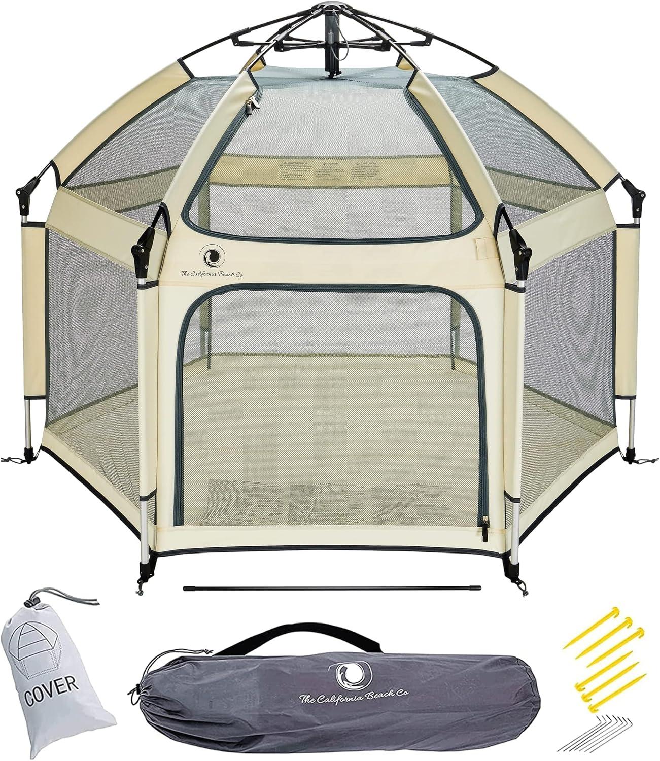 Warm Ivory Portable Pop-Up Playpen with Canopy and Travel Bag